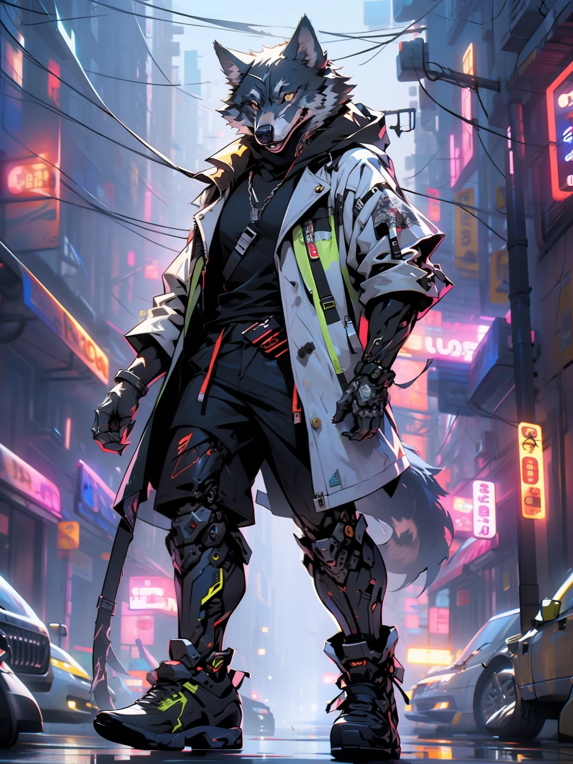 cyberpunk, sunglasses, (mechanical wolf claw), longer arms, masterpiece, (super detailed), (animal anthropomorphic), gangster theme, wolf, handsome, trench coat, dim lighting, smoke, shadow, corrupt cityscape, highest quality, monofocal, (skimming: 1.1), muscle man, full body, intricate (high detail: 1.1),