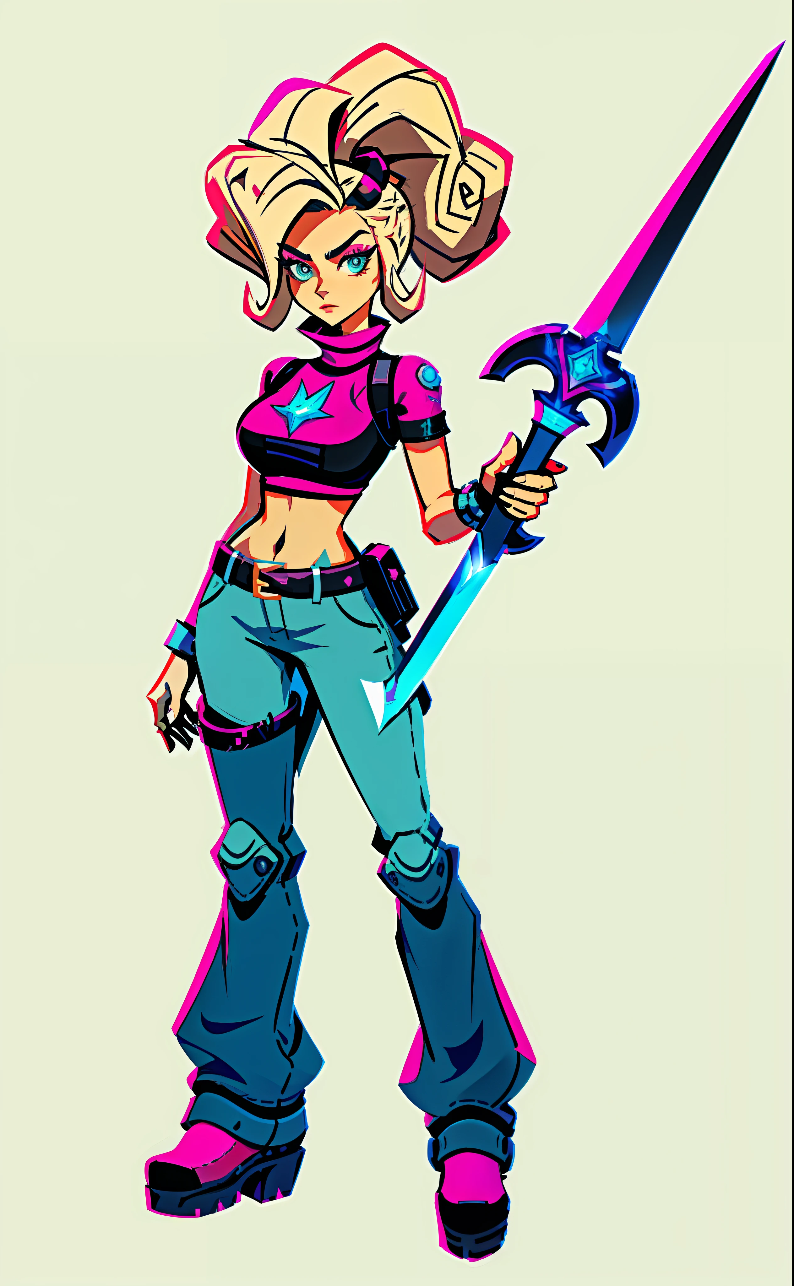 A woman with a sword and a pink top, very stylized character design, official character art, video game character, stylized character design, cyberpunk, female character art, duelyst style, character, game character art, game character, video game character design