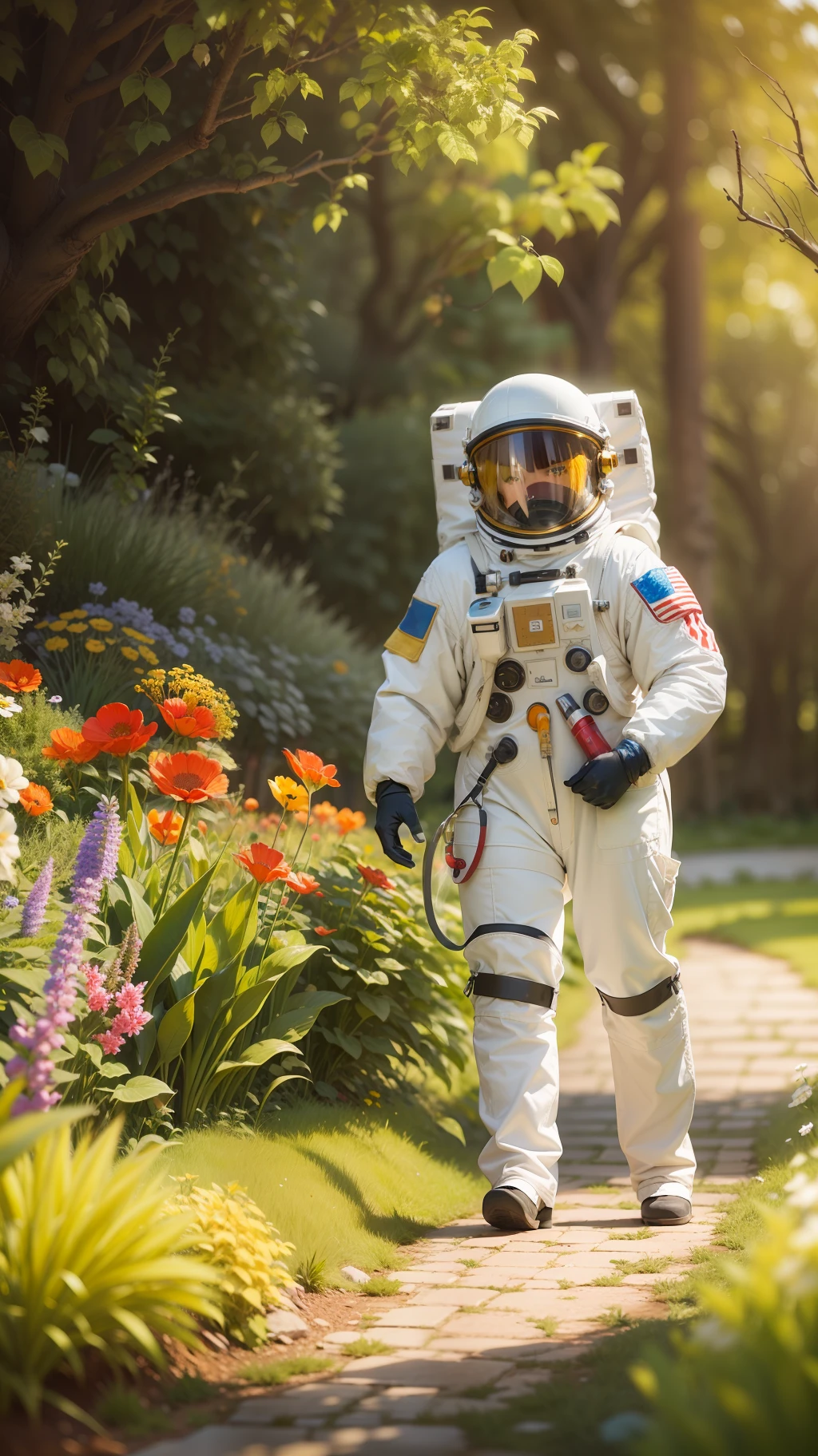 An American astronalta in a garden.