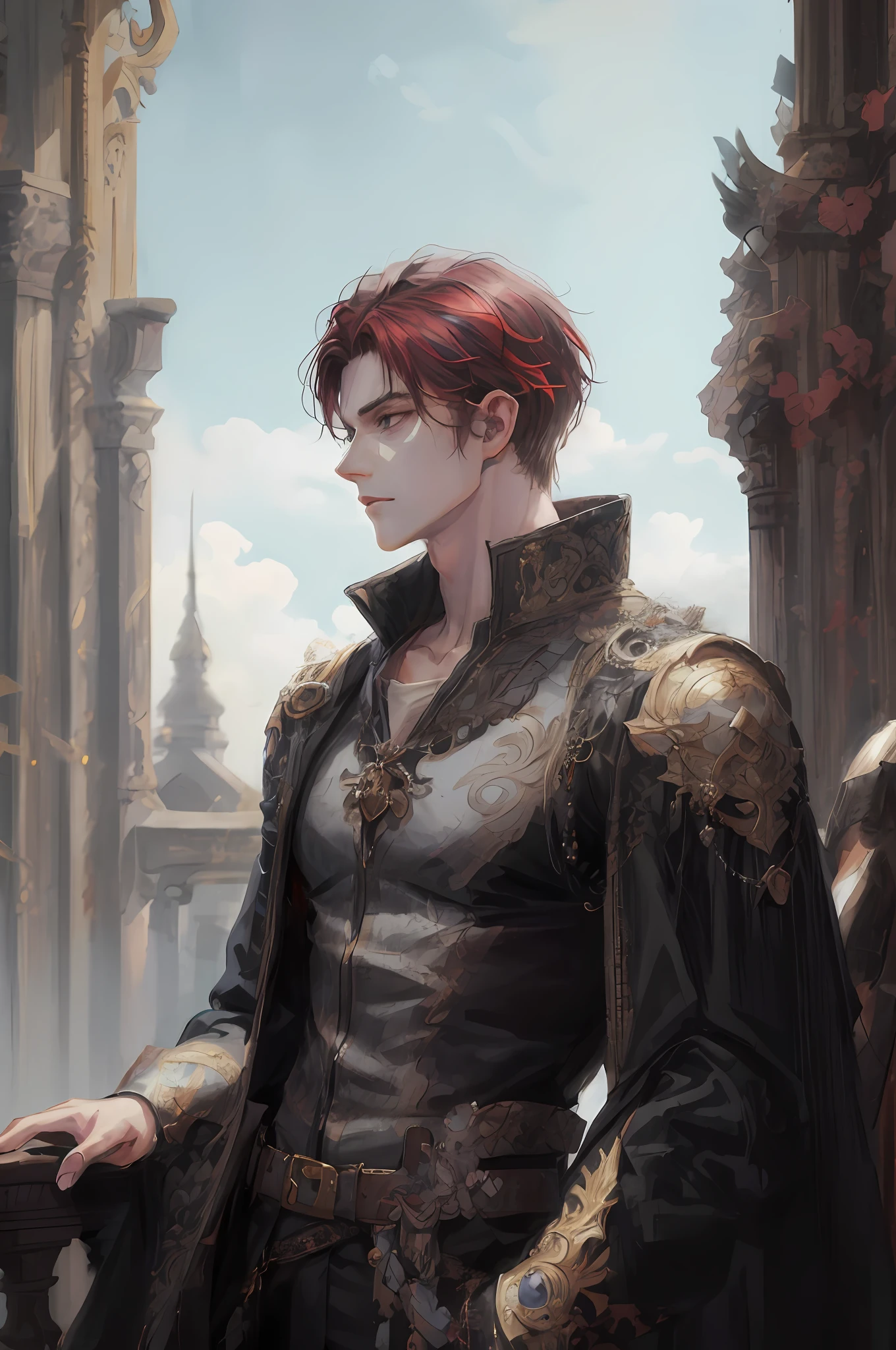 there is a man with a red hair and a black jacket, beautiful androgynous prince, delicate androgynous prince, artwork in the style of guweiz, handsome guy in demon slayer art, fantasy male portrait, renaissance prince, a portrait of a male elf, highly detailed exquisite fanart, in the art style of bowater, by Yang J, handsome prince