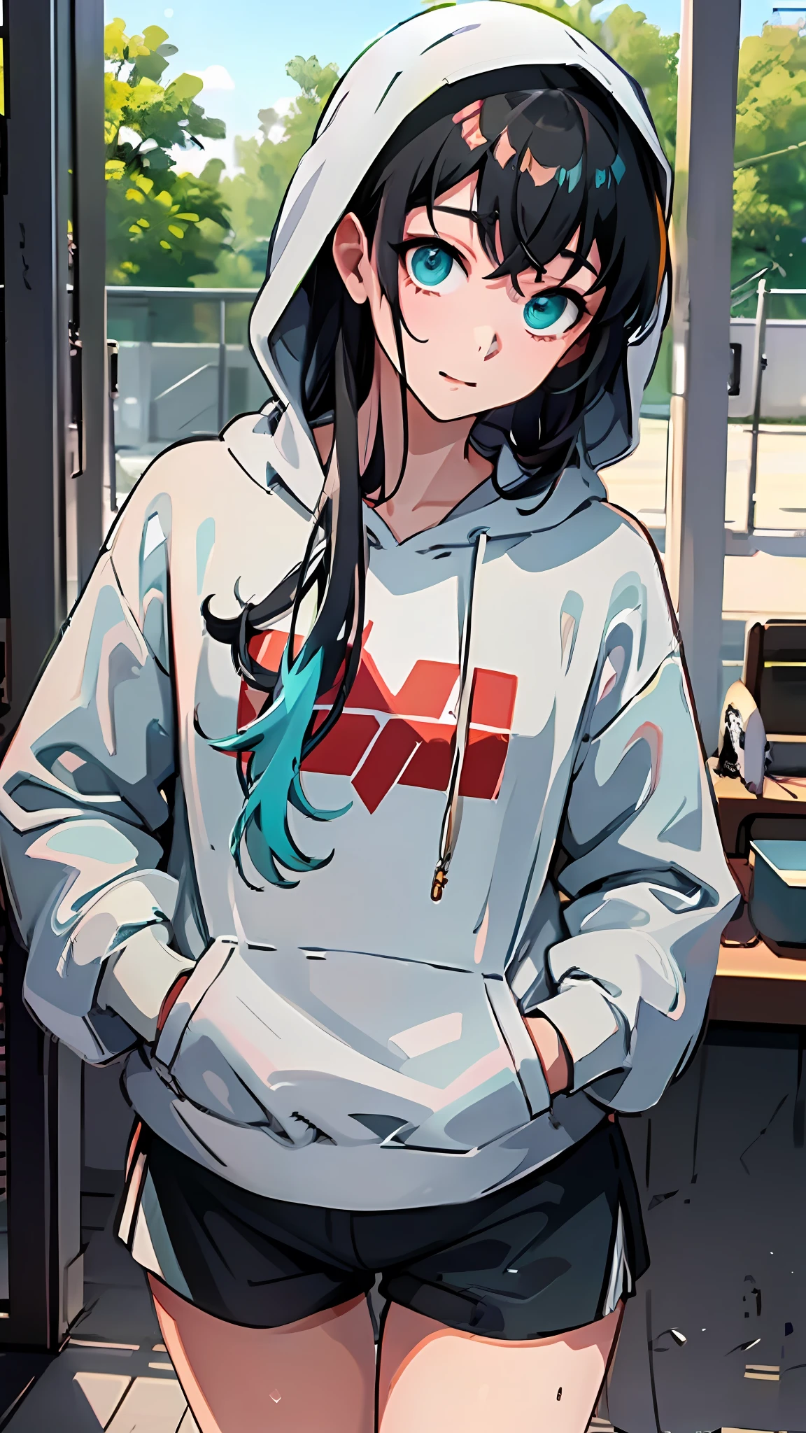 (masterpiece) (best quality) (shiny hair) (shiny skin), Best Quality, (1boy:1), Solo, Long hair, View Viewer, Bangs, Black hair, Aqua eyes, Multicolored hair, Tokito_Muichirou, Men's focus, Athletic wear, During exercise, Jersey, Shorts, hooded hoodie