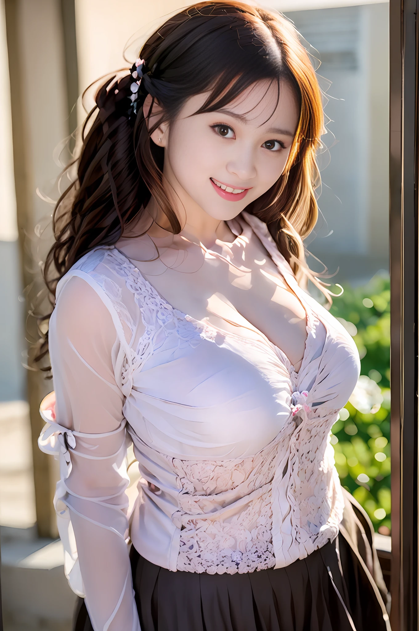 ,incredibly_absurdres,looking_at_viewer,depth of field,ambient_light,intense_shadows,realistic,photo,medium_shot,front_view,1girl_solo,beautiful face,fair_skin,Gigantic Breasts,curvy,curly_hair,black_hair,medium_hair,hair_between_eyes,frilled_shirt,frilled_collar,pleated_skirt,light_eyes,smile,standing,hand_on_hip,