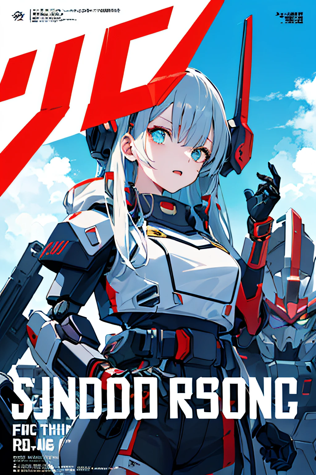 (((((dramatic))),(((intense))) The movie poster features a Gundam robot as the central character. It stands confidently in the center of the poster. The background is blue sky and white clouds, there is a strong feeling. The text is bold and eye-catching, with catchy slogans that add to the overall drama and excitement. The color palette is dominated by dark colors, dotted with bright colors, giving the poster a dynamic and visual impact, tachi-e (magazine:1.3), (cover-style:1.3), fashionable, woman, vibrant, outfit, posing, front, colorful, dynamic, background, element, confident, expressive, holding, statement, attachment, majestic, coiled, around, touch, scene, text, cover, bold, eye-catching, title, fashion, font, catchy, title, bigger, eye-catching, modern, trendy, focused, stylish,