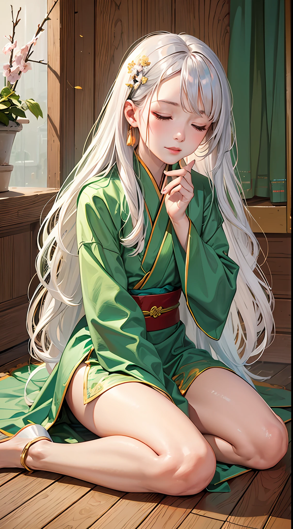 (original), (masterpiece) , (best quality) , (reality:1.3) , photorealistic, Octane rendering, (surreal:1.2) , perfect features,1 girl, colorful,translucent hair, (glowing inner hair),the perfect appearance,white hair,(closed eyes),long hair,hime cut, cowboy shot,(hanfu),(Peach Blossom Tree:1.2),(Dark green clothes:1.4),(kneeling,wood floor,Golden Hairpin,hand on own knee),(Facing the viewer:1.4),(flat color:1.2)