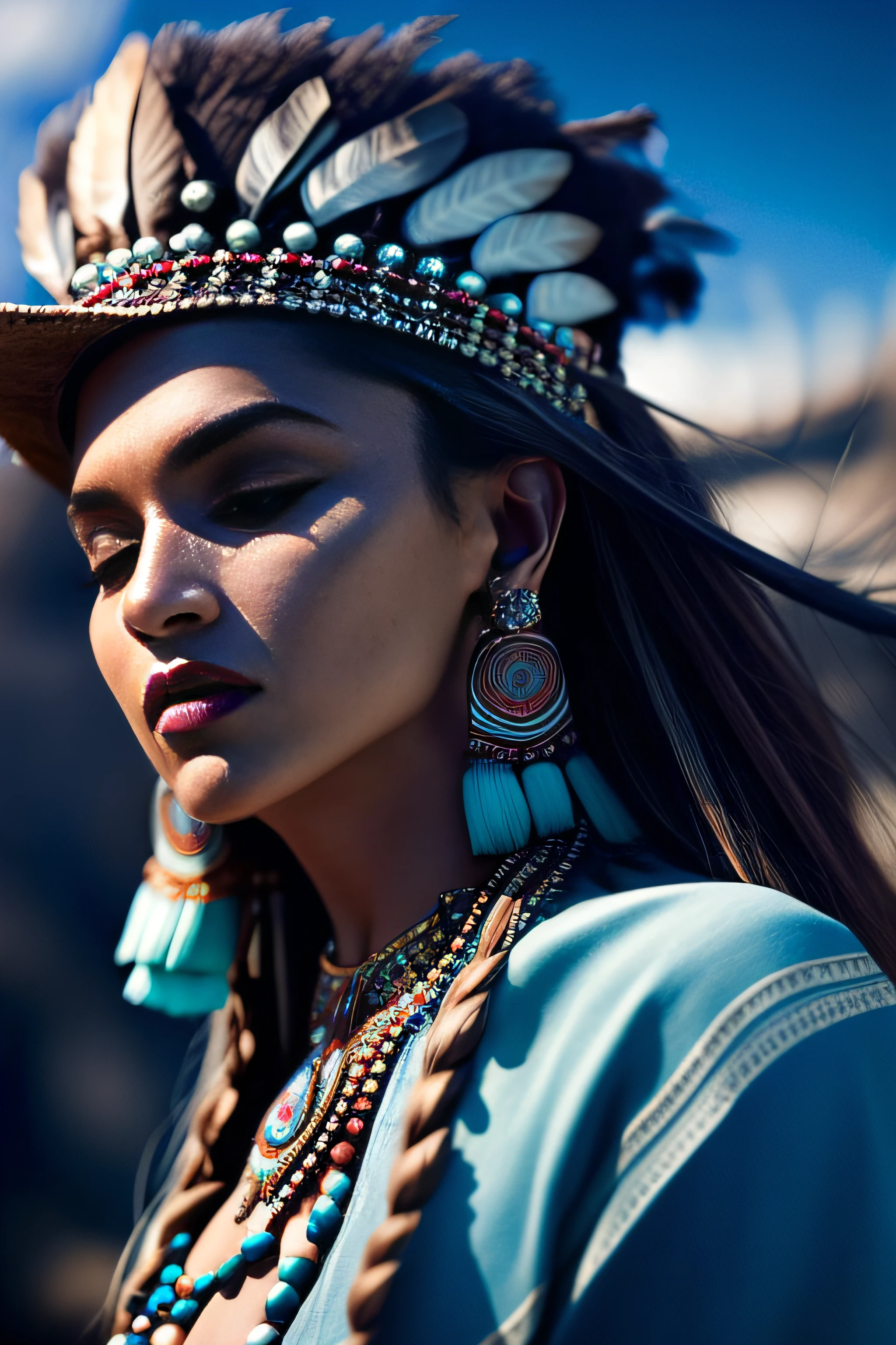 (full portrait), (half shot), solo, detailed background, detailed face, (stonepunkAI, stone theme:1.1), wise, (female), (native american), (beautiful hair, braids:0.2), shaman, septum piercing, mystical, (gorgeous face), stunning, head tilted upwards, (eyes closed, serene expression), calm, meditating, Seafoam Green frayed clothes, prayer beads, tribal jewelry, feathers in hair, headdress:0.33, jade, obsidian, detailed clothing, cleavage, realistic skin texture, (floating particles, water swirling, embers, ritual, whirlwind, wind:1.2), sharp focus, volumetric lighting, good highlights, good shading, subsurface scattering, intricate, highly detailed, ((cinematic)), dramatic, (highest quality, award winning, masterpiece:1.5), (photorealistic:1.5), (intricate symmetrical warpaint:0.5),