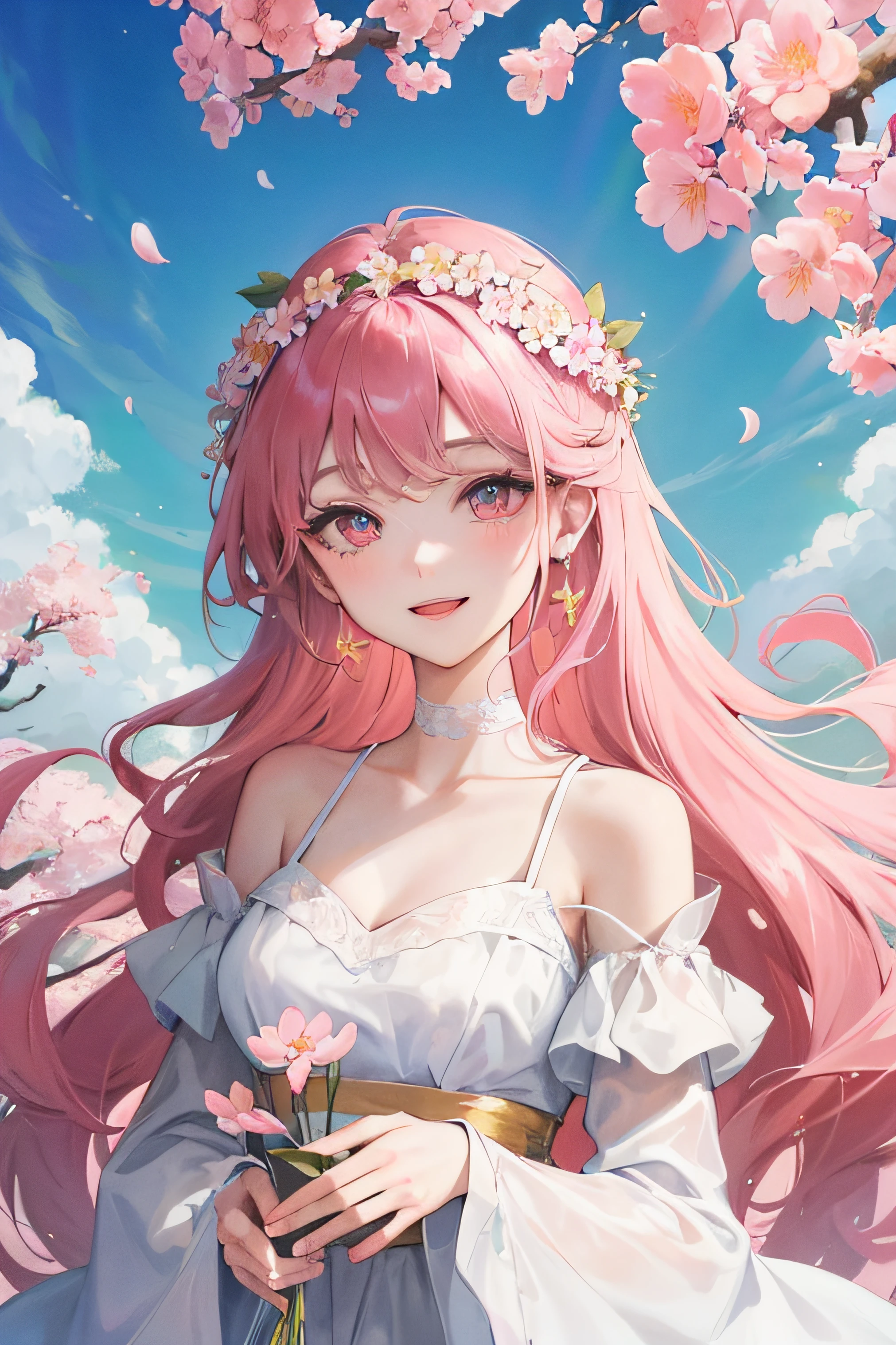 cherry_blossoms, falling_petals, petals, branch, pink_flower, 1girl,20-year-old, blue_sky, spring_\(season\), petals_on_liquid, flower, hanami, dress, (golden long curly hair: 1.5), wearing flower wreath, sky, outdoor, Clouds, bangs, smile, pink eyes, white dress with cherry blossoms, bare shoulders, earrings, best quality. Picture perfect. holding_flower, wind, tree, looking_at_viewer, cowboy shot, detail enhancement.