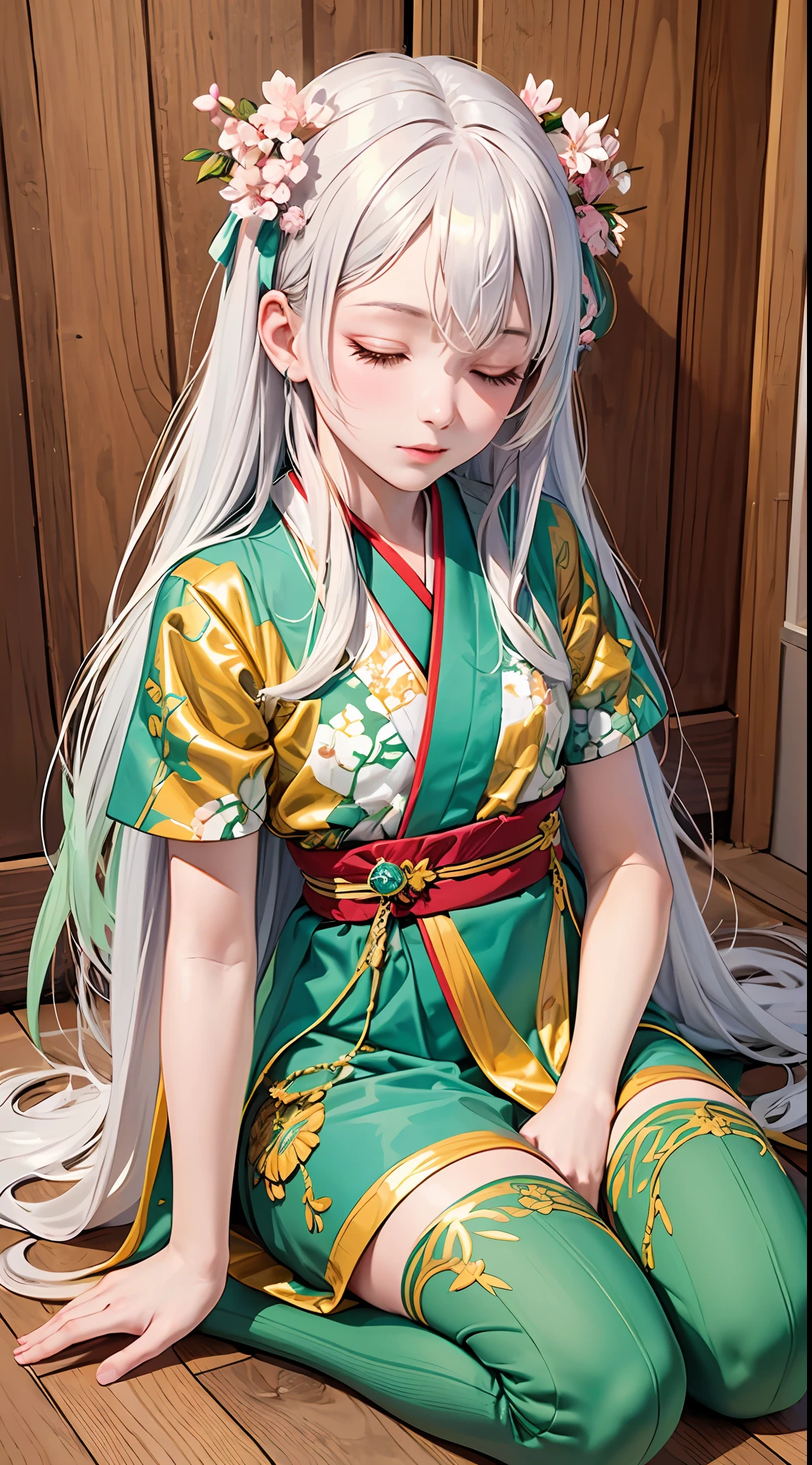 (original), (masterpiece) , (best quality) , (reality:1.3) , photorealistic, Octane rendering, (surreal:1.2) , perfect features,1 girl, colorful,translucent hair, (glowing inner hair),the perfect appearance,white hair,(closed eyes),long hair,hime cut, cowboy shot,(hanfu),(Peach Blossom Tree:1.2),(Dark green clothes:1.4),(kneeling,wood floor,Golden Hairpin,hand on own knee),(Facing the viewer:1.4),(flat color:1.2)