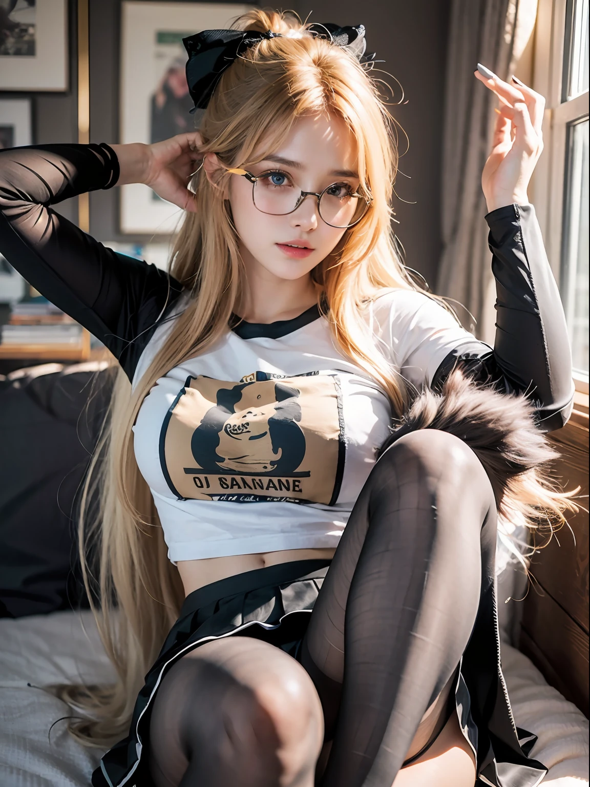 ulzzang-6500-v1.1,(raw photo:1.2), (photorealistic:1.4), beautiful detailed girl, very detailed eyes and face, beautiful detailed eyes, ridiculous, incredibly ridiculous, huge file size, super detailed, high resolution, very detailed, best quality, masterpiece, ((t-shirt)), illustration, very detailed, CG, unified, 8k wallpaper, amazing, fine details, masterpiece, Best quality, very detailed CG uniform 8k wallpaper, face light, movie lighting, 1girl, 16 years old, long white hair, side split, (big breasts), (no panties)), (glasses), (dynamic pose), (sexy pose), ((camel toe))), (half), (pantyhose)), ((black hip skirt)), (bent knees))))))