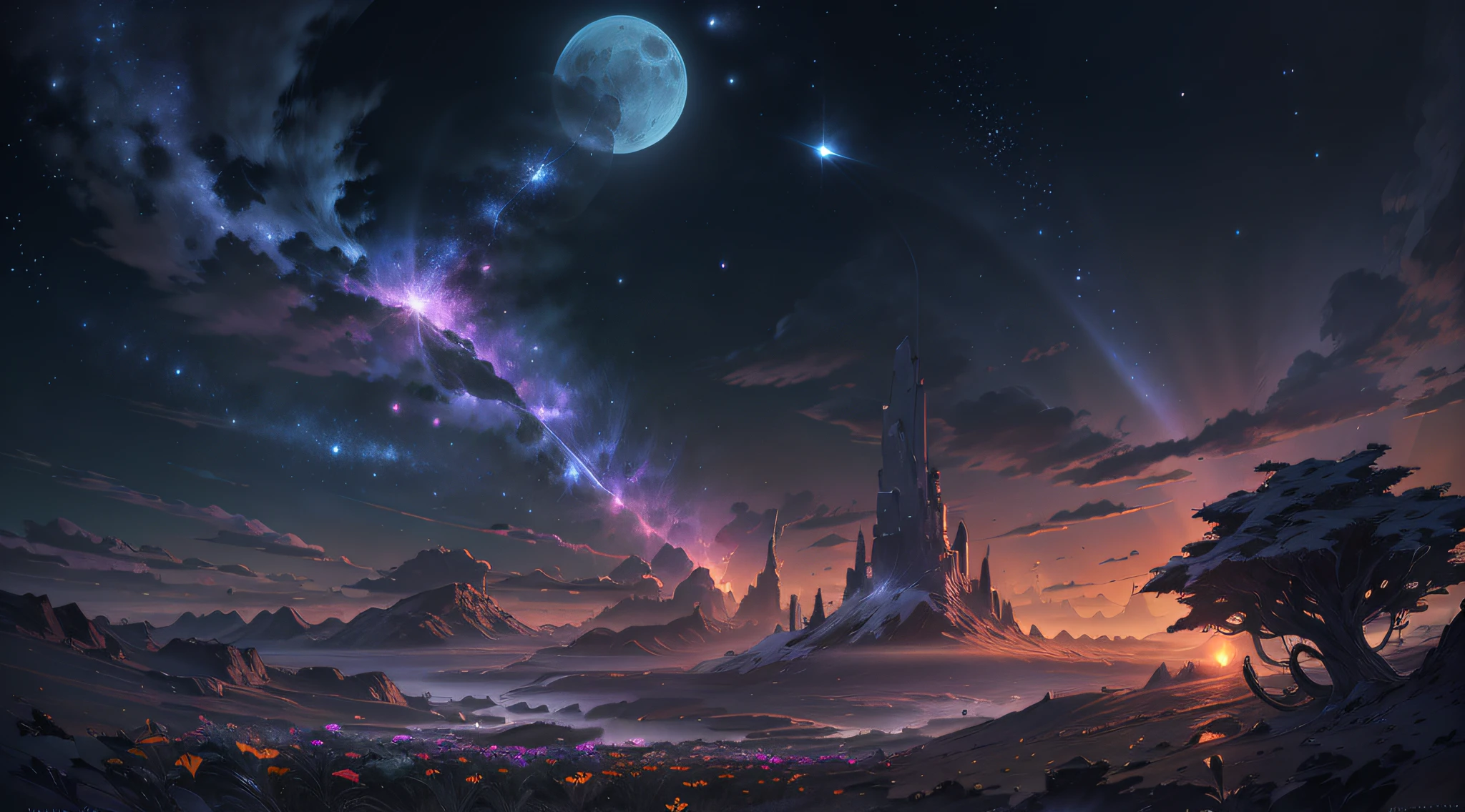 expansive landscape photograph, (Look below.), Above is the sky, Below is an open field), A girl standing on a flower field looking up, (Full Moon: 1.2), (Meteor: 0.9), (Nebula: 1.3), distant mountain, Tree BREAK making art, (Warm light source: 1.2), (Firefly: 1.2), lights, Lots of purple and orange, complicated detail, volume lighting, Realism BREAK (Masterpiece: 1.2), (best quality), Ultra-detailed, (Dynamic composition: 1.4), RAWExtremely detailed, Colorful details, (Rainbow colors: 1.2), (glowing lighting, atmospheric lighting), Dreamlike, Magical, (Solo: 1.2), 4k