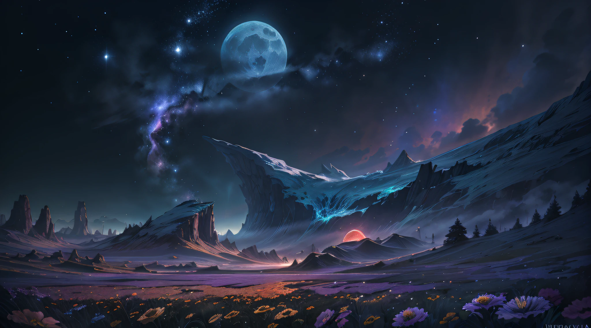 expansive landscape photograph, (Look below.), Above is the sky, Below is an open field), A girl standing on a flower field looking up, (Full Moon: 1.2), (Meteor: 0.9), (Nebula: 1.3), distant mountain, Tree BREAK making art, (Warm light source: 1.2), (Firefly: 1.2), lights, Lots of purple and orange, complicated detail, volume lighting, Realism BREAK (Masterpiece: 1.2), (best quality), Ultra-detailed, (Dynamic composition: 1.4), RAWExtremely detailed, Colorful details, (Rainbow colors: 1.2), (glowing lighting, atmospheric lighting), Dreamlike, Magical, (Solo: 1.2), 4k