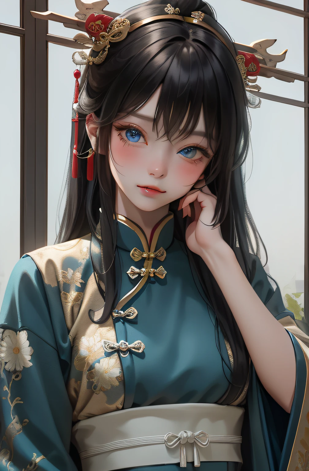 Best quality, masterpiece, black hair, blue eyes, head up, wearing traditional Chinese costume, (headdress 4.1), one hand caressing his cheek, whole body, dancing, looking directly into the camera