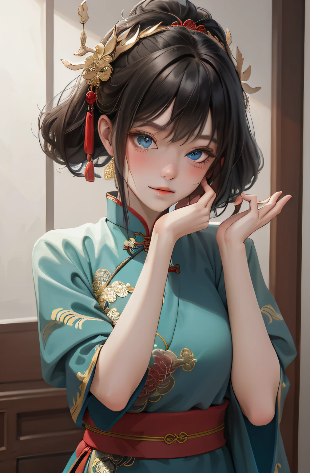 Best quality, masterpiece, black hair, blue eyes, head up, wearing traditional Chinese costume, (headdress 4.1), one hand caressing his cheek, whole body, dancing, looking directly into the camera