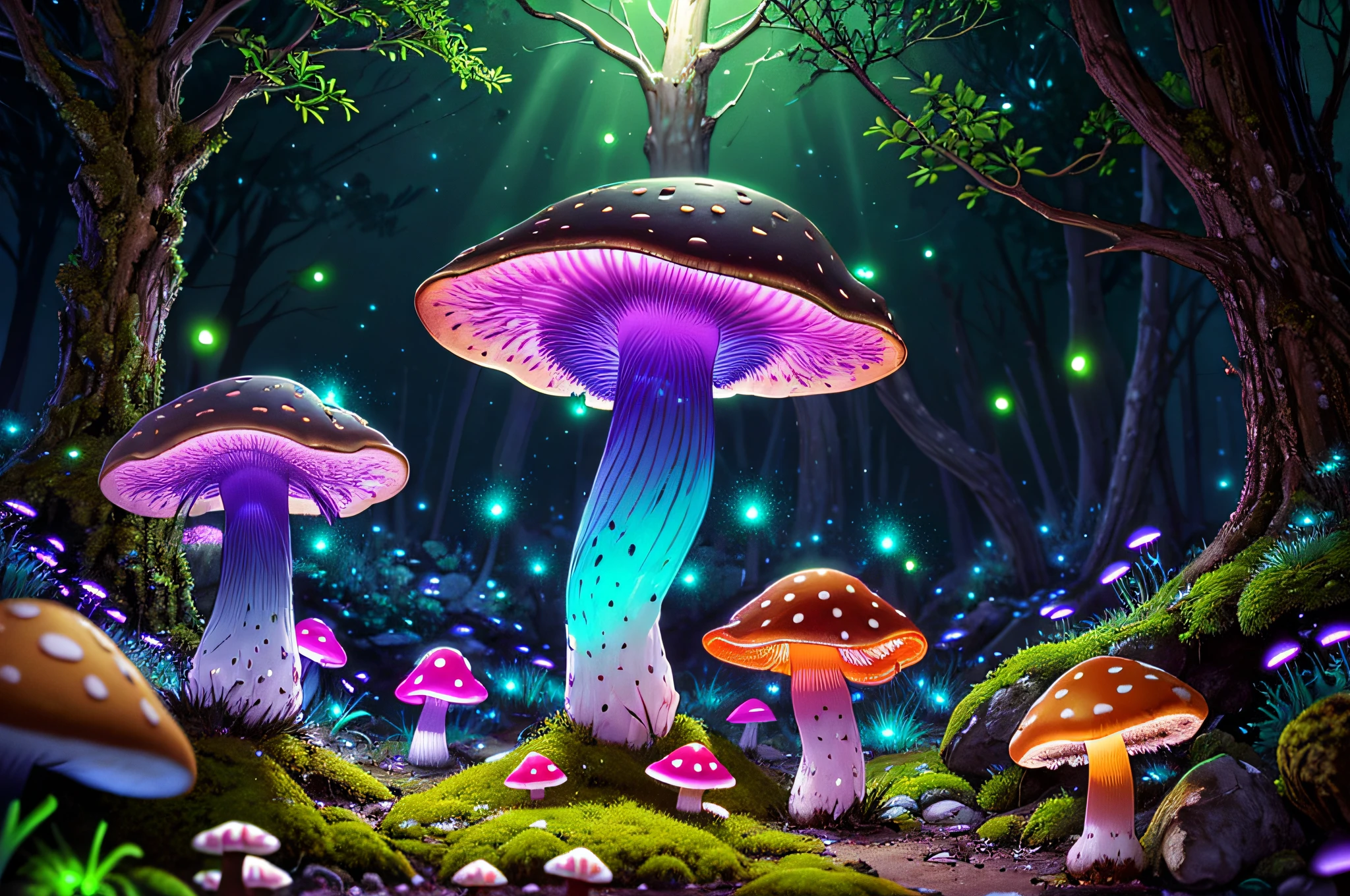 (highly detailed:1.2),(best quality:1.2),8k,sharp focus, (subsurface scattering:1.1)
(glowing magic bioluminescent mushrooms:1.2),psychadelic magic particles inthe air, (neon bioluminescent mushroom forest at night:1.2), (magical fireflies:1.2)
(very detailed trees and rocks and moss:1.2), (highly detailed background:1.3), RPG, Elden Ring style, (fantasy:1.3),(hyperrealistic:1.1), (((night))), cinematic lighting, highly detailed, artstation,smooth, sharp focus, artgerm, greg rutkowski, editor's pickup, trending on artstation, trending on deviantart, wlop, (contrast:0.4),