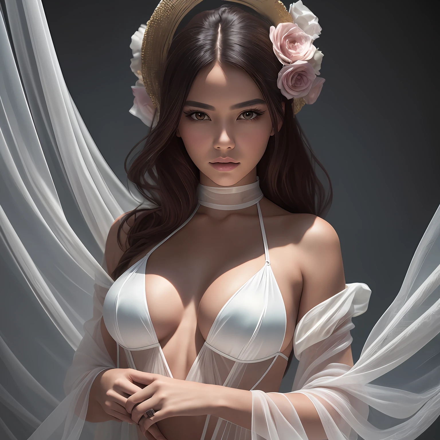 a RAW ultra realistic photography, shot on Hasselblad X1D-50c,
ISO 100, surreal fashion photography, portrait of a woman up to her chest, avant-garde fashion in translucent flowing fabrics, overhead fabric, telephoto, studio lighting, 4k, canon eos r3