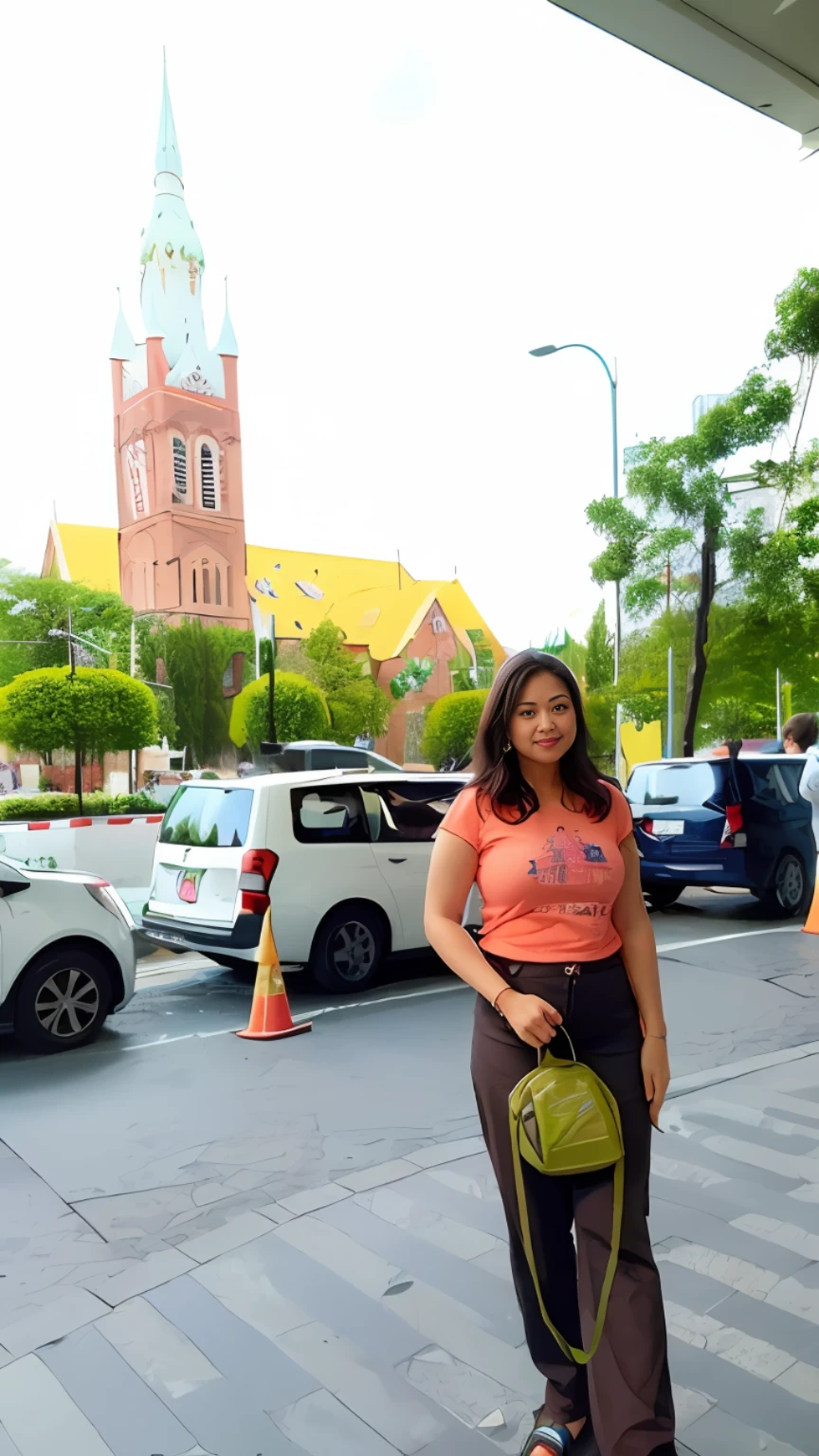 A medium shot of a woman angel rising into the sky standing on the sidewalk with a magic stick, marilyn church, cathedral in the background, church in the background, standing in a city center, dang my linh, on a bright day, in city street, city, dramatic lighting, sharp, details, flames, fire, burning buildings, looking at viewer, detailed skin texture, beautiful detailed face, ultra detailed, intricate details,