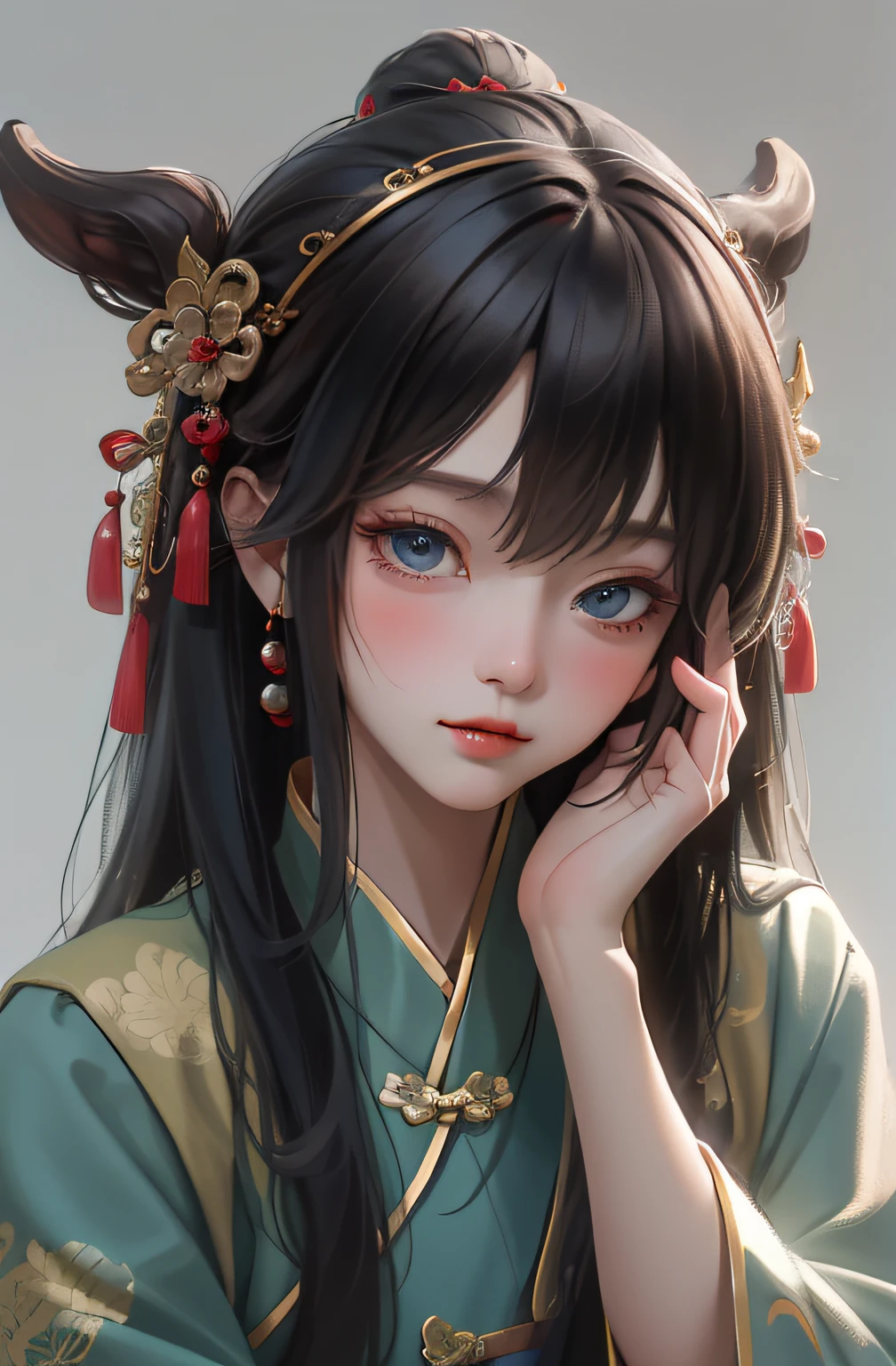 Best quality, masterpiece, black hair, blue eyes, head up, wearing traditional Chinese costume, (headdress 4.1), one hand caressing his cheek, looking directly into the camera