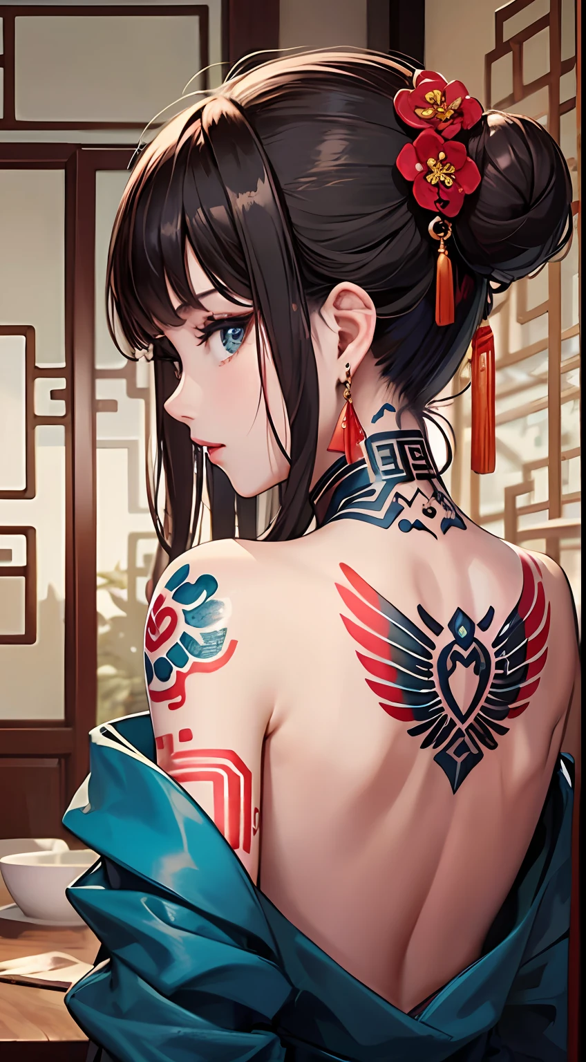 (masterpiece best quality:1.4),1girl, (tattoo of chinese text:1.5), solo, back tattoo, hair flowers, long hair, blue eyes, looking at viewer,back tattoo,tattoo,looking back, from behind, black hair, tassel, bare shoulders, hanfu, chinese clothes,back, bangs, upper body, earrings, indoors, nape, off shoulder, jewelry, eyelashes, lips, back focus, profile, hair bun, sliding doors, piercing, single hair bun,