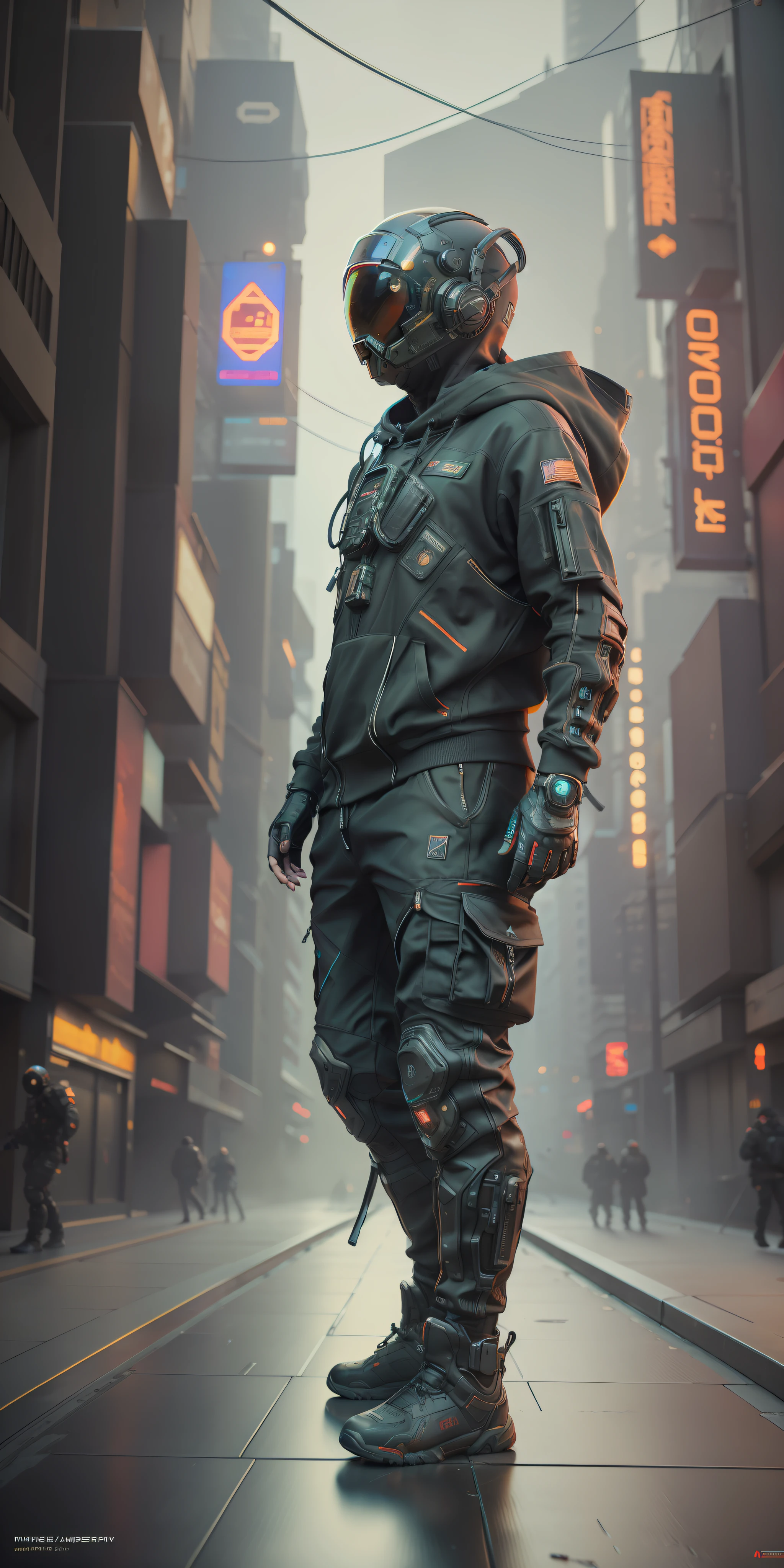 (masterpiece, full body shot, intricate raw photography) Cyberpunk citizen, comfortable oversize black hoodie, black cargo pants, black clothes, dark, wearing a black helmet hitech style Astronaut, intricate, futuristic, advanced technology, dark environment, dramatic, light and shadow, cinematic, action movie, sharpness, random relaxed position, Cyberpunk City, street lights, dark street, night, Insta photo, photo of the year, octane render, substance, Maya 3D, cinema4D, ArtStation Trending, Devian Art Trend,