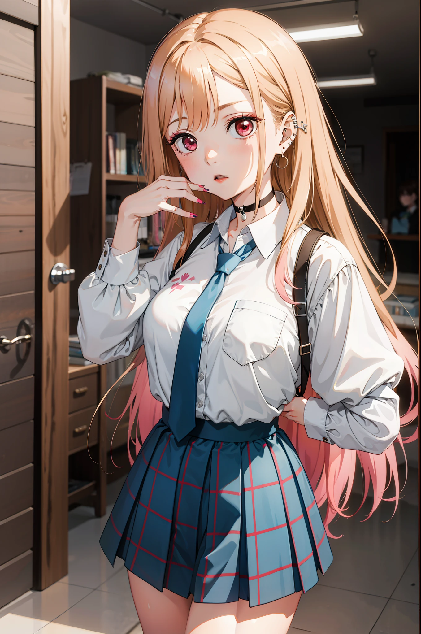 1girl,  Marin Kitagawa, long hair, blonde hair, red eyes, piercing, earrings, ear piercing, stud earrings, black choker, loose necktie,  school uniform, white collared shirt, blue skirt, pleated skirt, plaid skirt, wrist scrunchie, long fingernails, pink nails, nail art,  (masterpiece:1.2), highres, best quality, 8k, very clear,