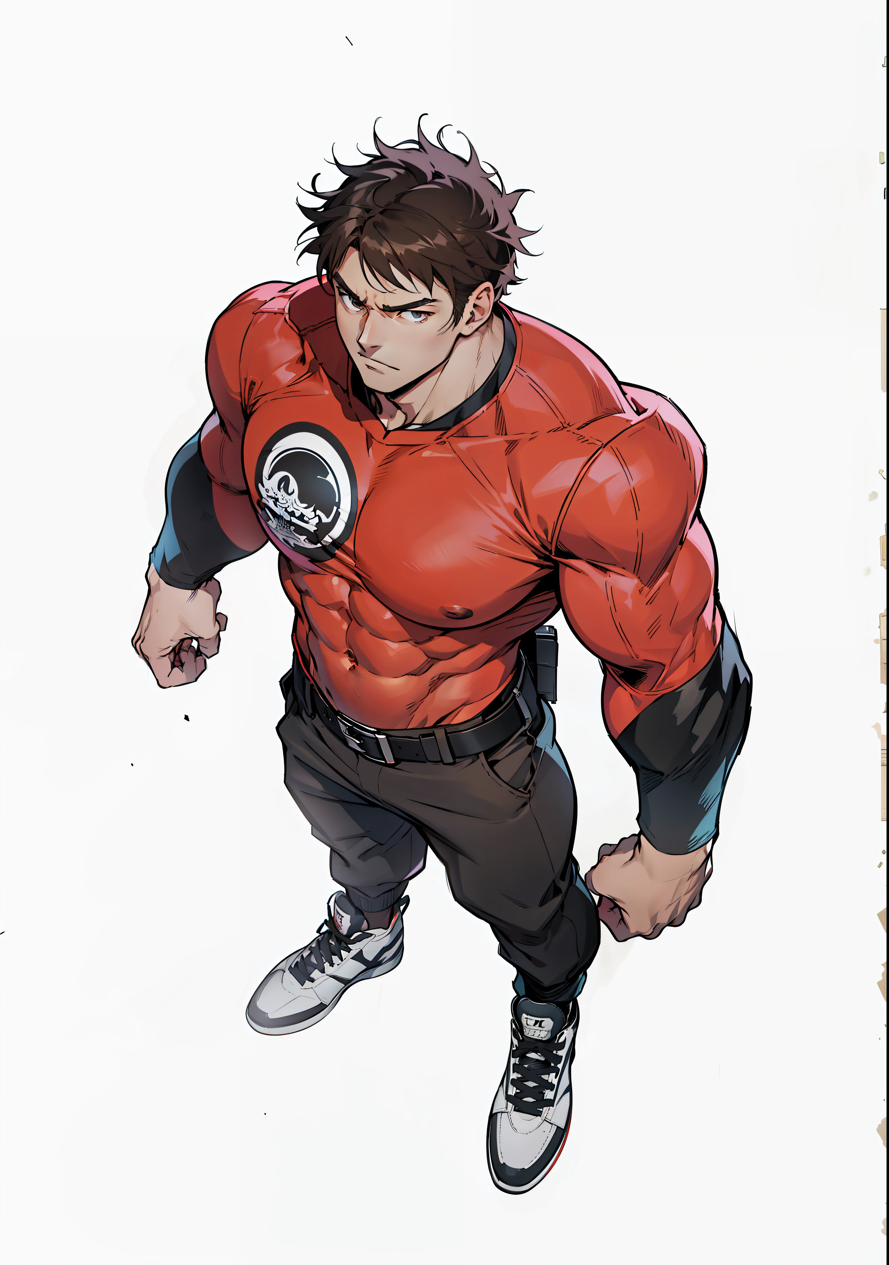 Artwork, full HD, high quality, Generate one (((anime-style art))) with a high-angle photo of a muscular male character with his body facing the camera, THE CHARACTER IS STANDING ON TOP OF A TALL BUILDING, The protagonist must have a (((extremely muscular body)))), very tall, similar to that of a bodybuilder. The character must have very short hair with bangs (((dark brown))) and must be wearing a red long sleeve shirt with black pants and a belt and must be wearing a white sneaker. The image should depict the character's entire body, focusing on his intimidating posture. The protagonist must exude strength and dominance, displaying a powerful presence. The scene should feature only the muscular character, THE CHARACTER SHOULD BE ON TOP OF A BUILDING SHOWING A LARGE CITY BELOW HIM,((( (High quality)))