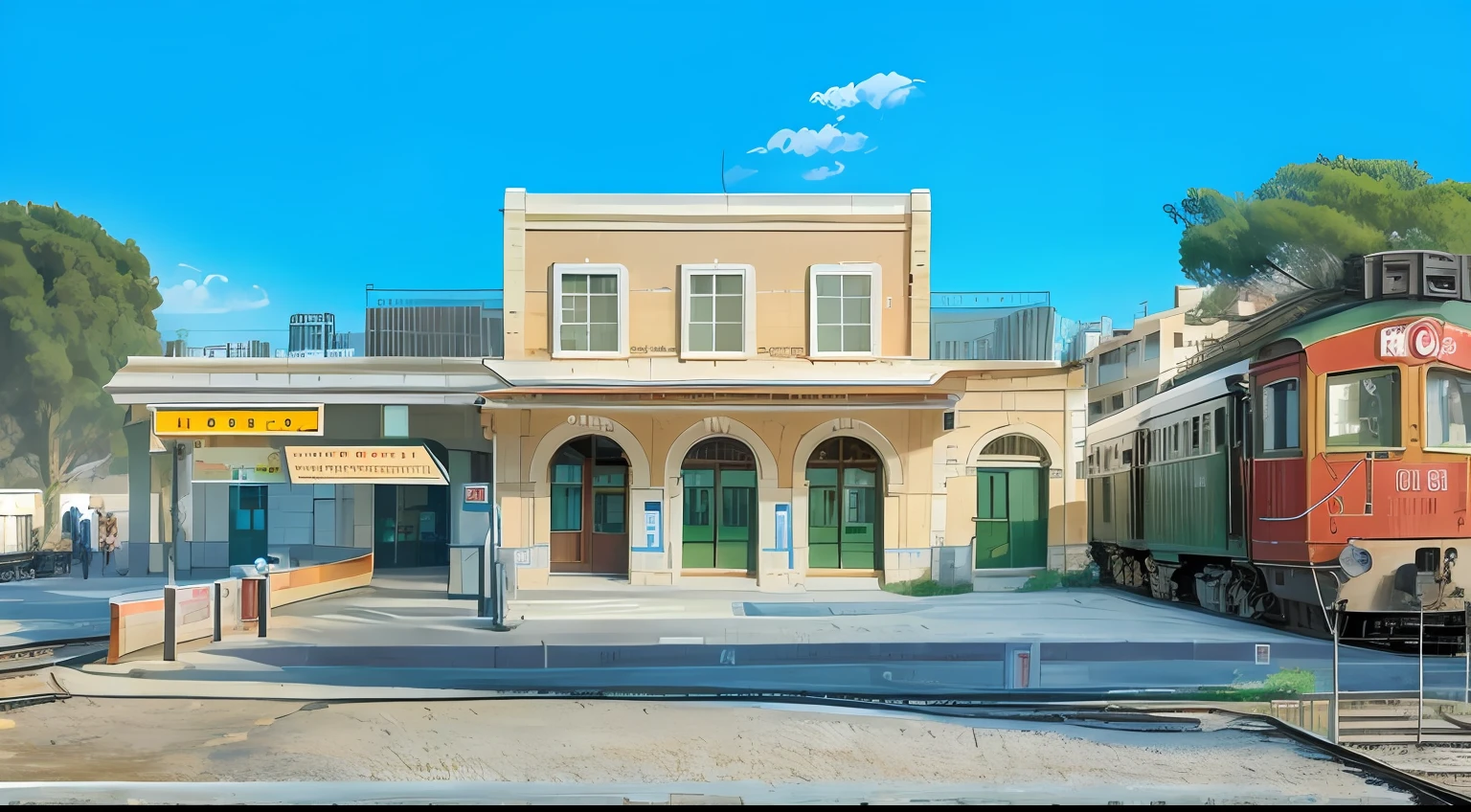 A train station with a caboose and a caboose on the platform in front of it, alamy stock photo, preserved historical, historical scenery, tourist destination, shutterstock, train station, 3945074687, neoclassical police station, train station in summer, Persian-style architecture, the photo shows a large, old train station in tel Aviv Israel