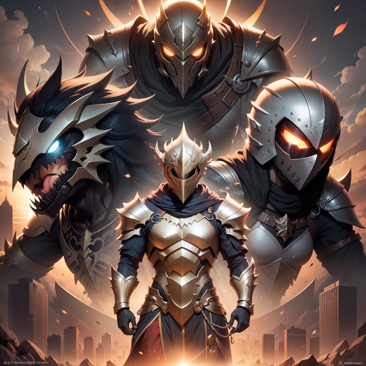 Gilgamesh, fate, armadura, ao lado de um leado, cidade moderna, por do sol., crazy eyes, angry, crazy, anime style, ray tracing, god rays, chromatic aberration, character chart, bust chart, cropped, high details, best quality