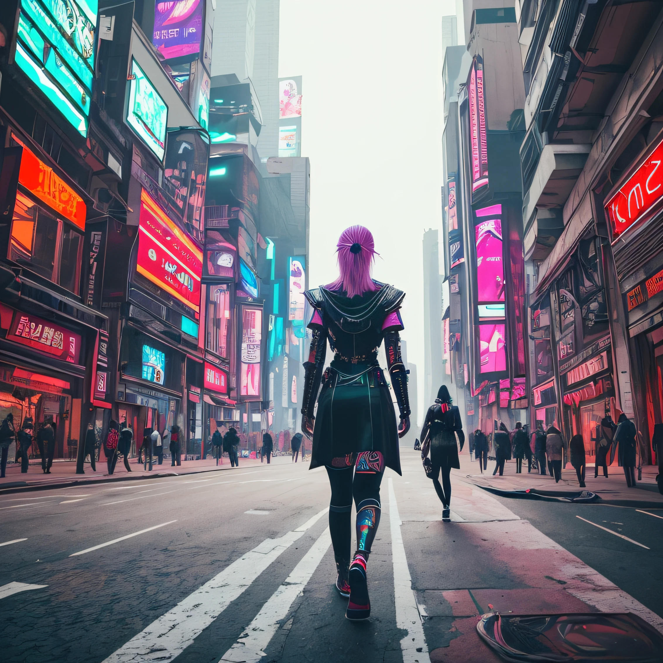 a cyberpunk woman, walking at street, complex background --auto