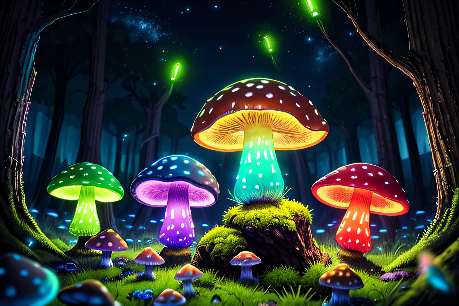 (highly detailed:1.2),(best quality:1.2),8k,sharp focus, (subsurface scattering:1.1)
(glowing magic bioluminescent mushrooms:1.2),psychadelic magic particles inthe air, (neon bioluminescent mushroom forest at night:1.2), (magical fireflies:1.2)
(very detailed trees and rocks and moss:1.2), (highly detailed background:1.3), RPG, Elden Ring style, (fantasy:1.3),(hyperrealistic:1.1), (((night))), cinematic lighting, highly detailed, artstation,smooth, sharp focus, artgerm, greg rutkowski, editor's pickup, trending on artstation, trending on deviantart, wlop, (contrast:0.4),