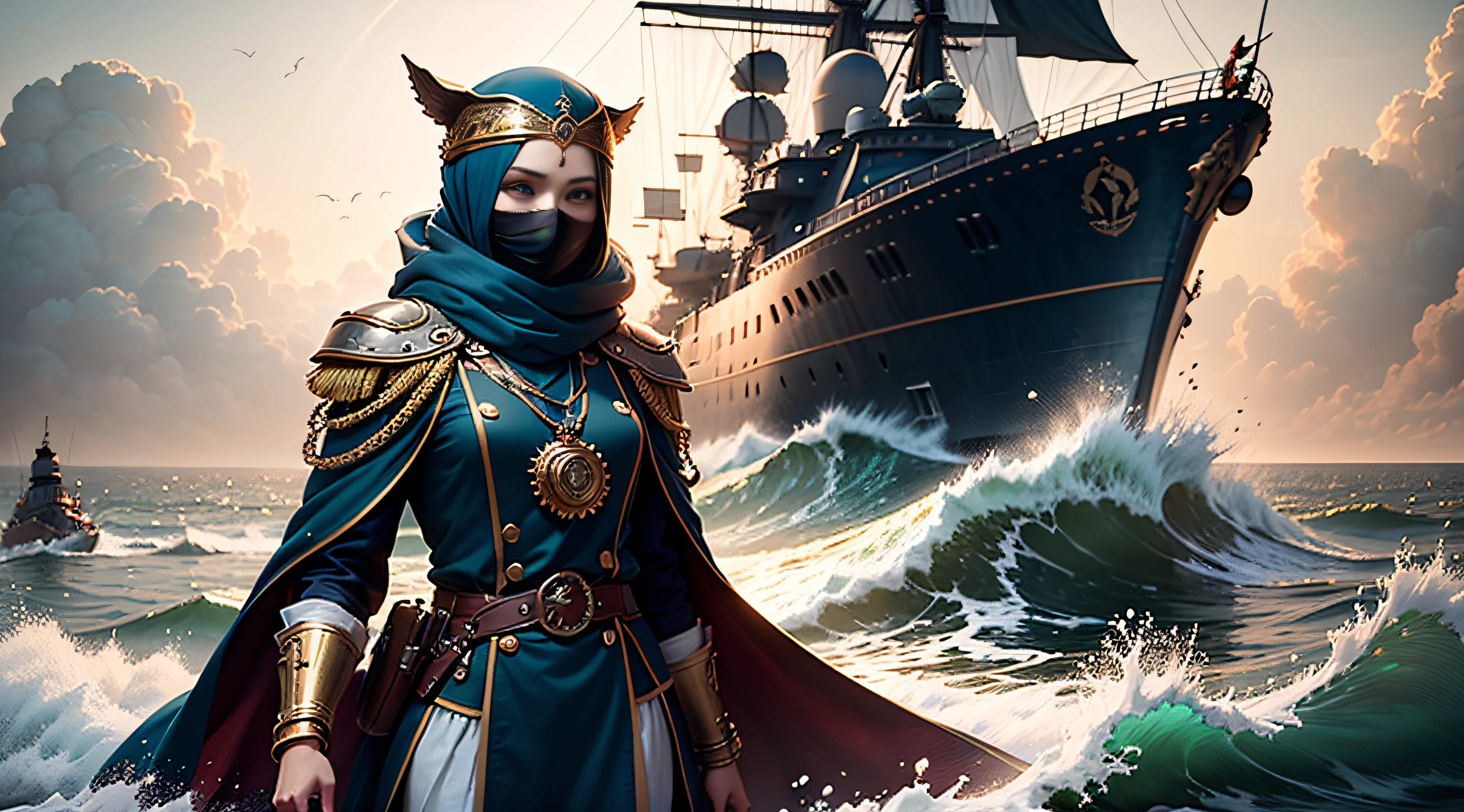 panorama, portrait, realism, blue sky and sea, 1girl,, Ottoman style luxury naval military dress, gold decoration, arabesque tight turban, European silk scarf, mask mask, face with gold encrusted black mask, standing on the deck of a warship, facing the audience, next to another armored cruiser in the sea, a large number of artillery, majestic, traveling in the ocean, chopping waves, perfect composition, professional, meistwick, commissioned, best quality, color correction, post-restoration, retouching, improvement, idyllic, tone mapping, detail, high detail, digital painting, art station, concept art by hamba, smoothness, sharp focus, beautiful illustration, photograph, backlight, dynamic lighting, fog, complex, cinematic particles, professional, facing the audience, all masked faces, (beautiful m3d_woman, perfect m3d_face, ,、 ,、 ,), volumetric lighting, underground scattering, good highlights, good shadows, film --auto