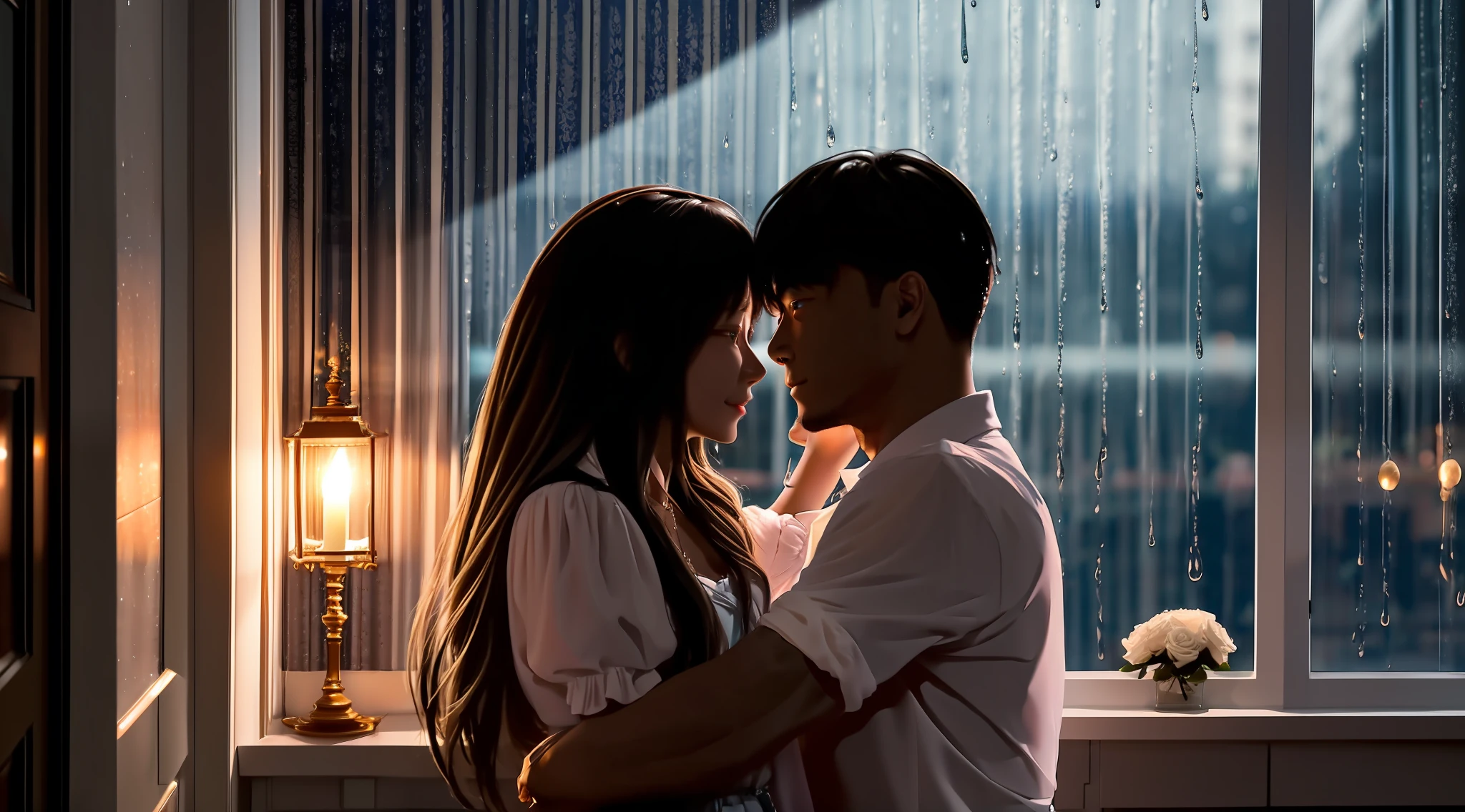 (At night, a man and a woman are not in the same room) exquisite facial features, but they all look out the window, it is raining outside the window, they see each other from each other's eyes, with longing in their eyes, full of love, 8K picture quality,