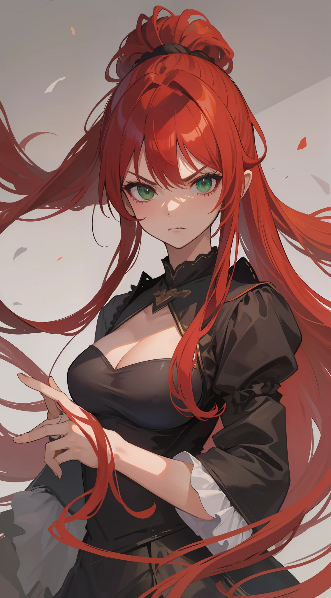1mature girl, red long flowing hair ponytail, green eyes, wearing black aristocratic clothing {{angry face}} {{21yo face}}