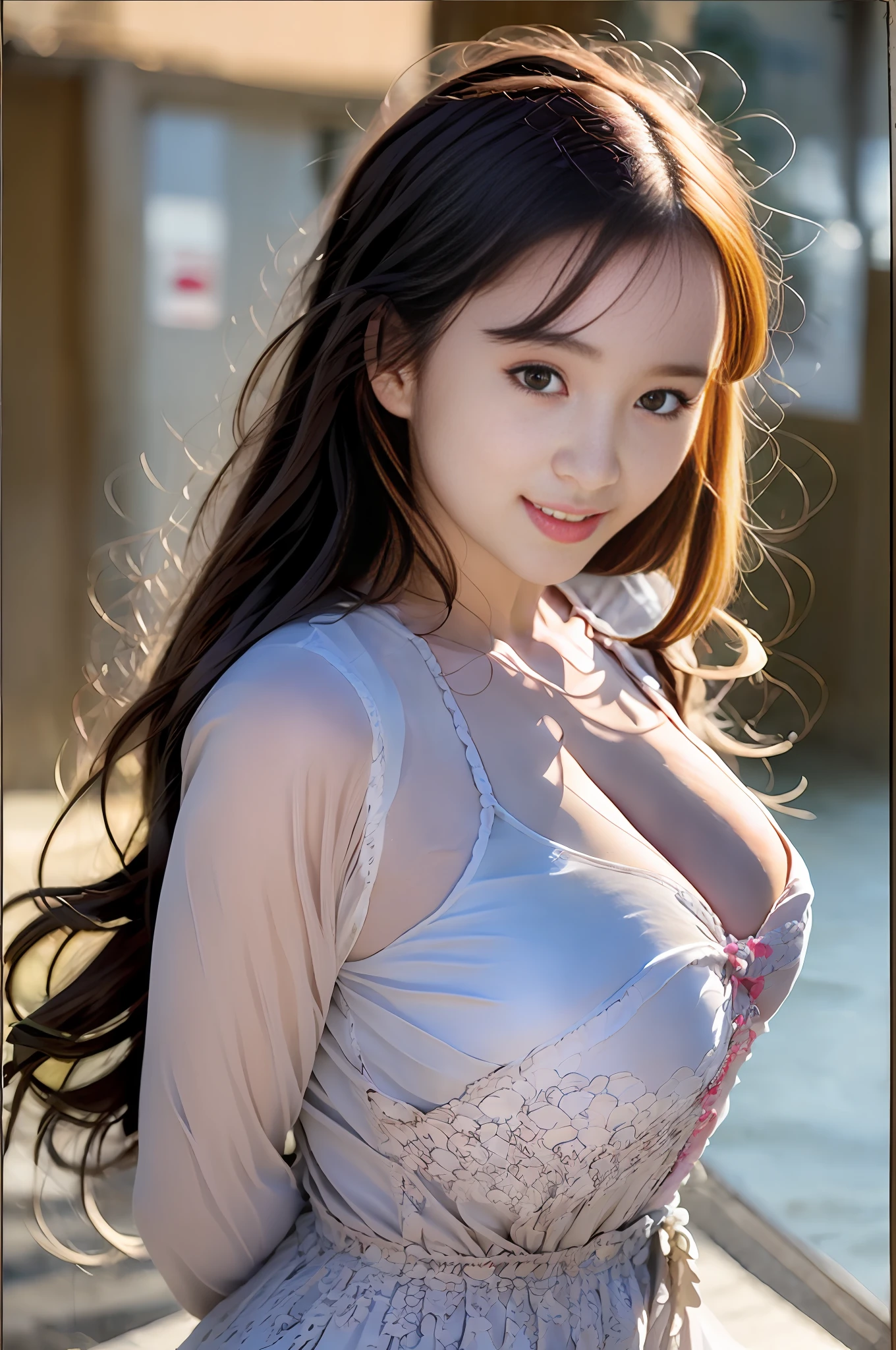 ,incredibly_absurdres,looking_at_viewer,depth of field,ambient_light,intense_shadows,realistic,photo,medium_shot,front_view,1girl_solo,beautiful face,fair_skin,(huge Breasts:1.4),curvy,curly_hair,black_hair,medium_hair,hair_between_eyes,frilled_shirt,frilled_collar,pleated_skirt,light_eyes,smile,standing,hand_on_hip,