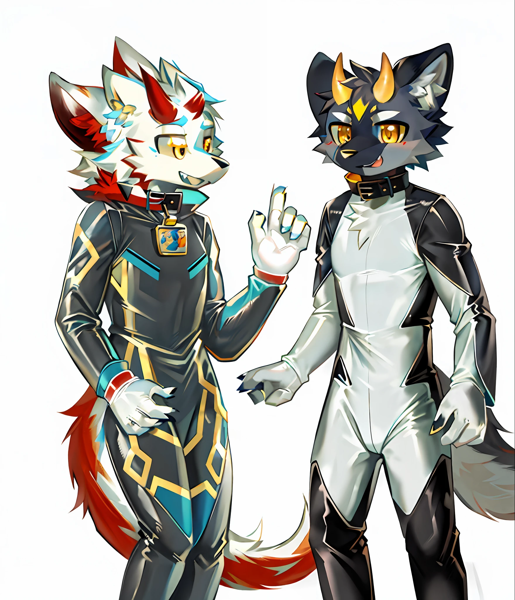 Close-up of wolf in black and blue with a red-and-white dragon, furaffinity commission, anthropomorphic wolf ninja, , high resolution committee, furaffinity fursona, furry furaffinity, fuaffinity, fuaffinity committee, sora as a wolf, fursona commission, professional furry painting, wolf, fursona furry art committee, latex garment, latex combat suit, combat uniform, smooth combat suit reflective, golden eyes, yellow horns, two yellow horns on the head, yellow collar, enjoy expression, latex white gloves, latex reflective, body reflective, smooth, latex textured clothes