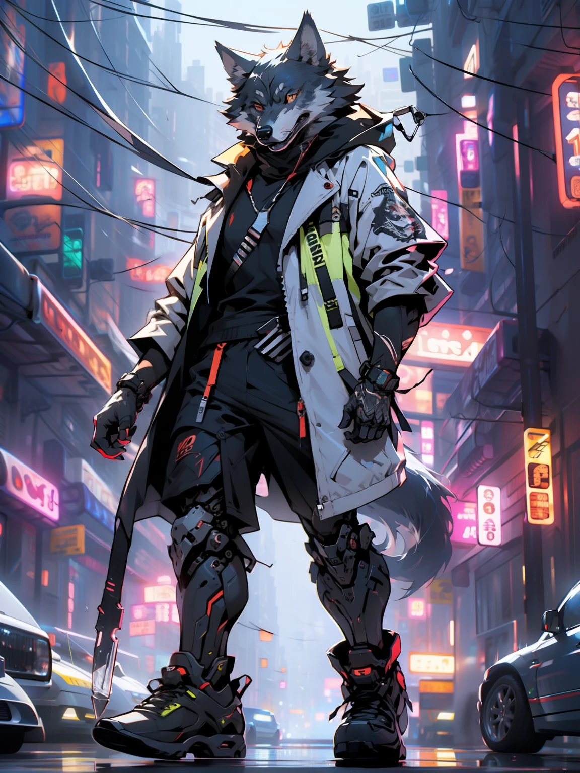 Cyberpunk, sunglasses, (mechanical wolf claws), long arms, wide shoulders, clawed hands, Masterpiece, (super detailed), (animal anthropomorphism), gangster theme, wolf, handsome, trench coat, dim lights, smoke, shadow, corrupt cityscape, highest quality, monofocal, (skimming: 1.1), muscle man, full body, intricate (high detail: 1.1),