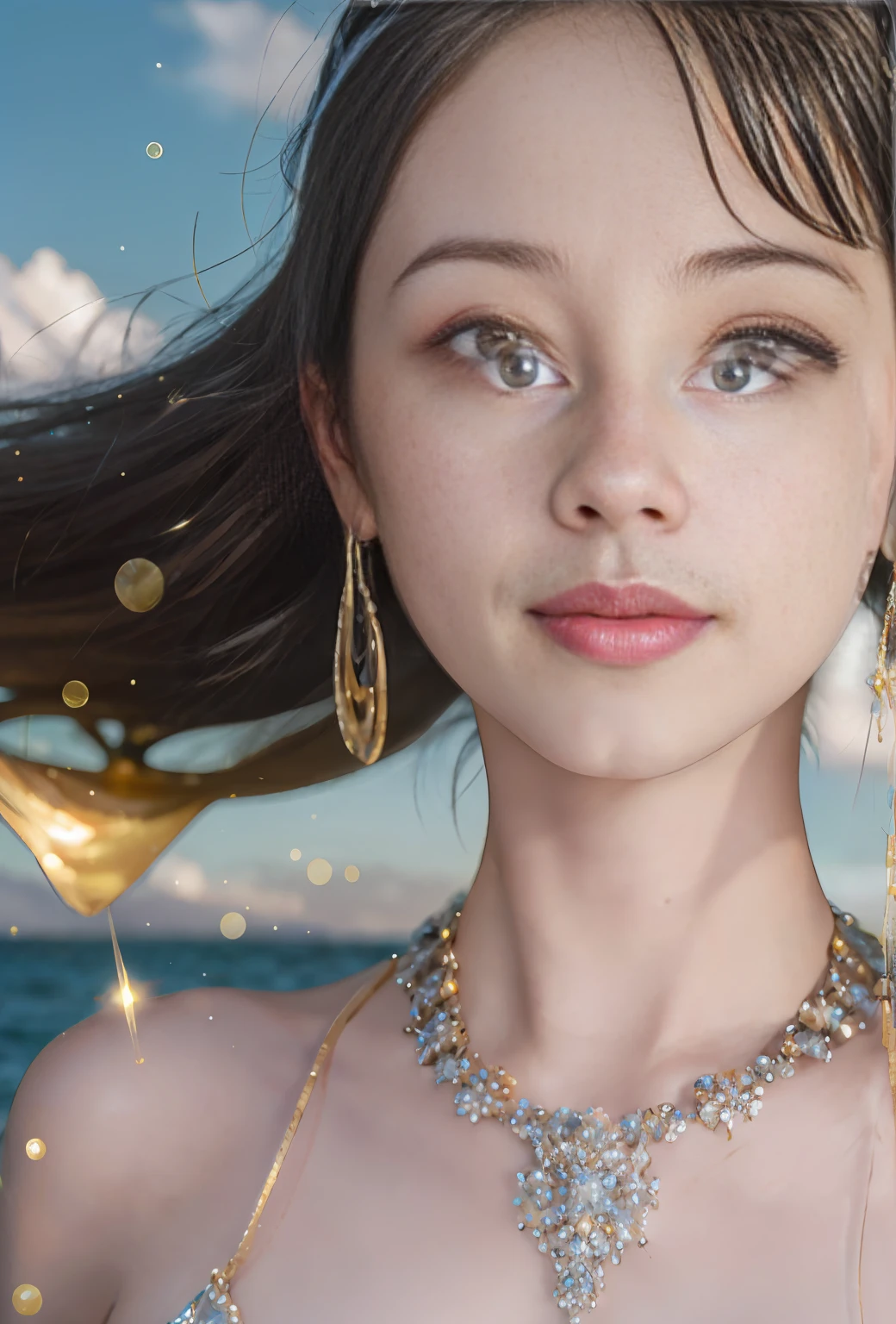 (Masterpiece, top quality, best quality, official art, beauty and aesthetics: 1.2), ((1girl fly in the sky))), ((windy), (jump), white clouds, blue sky, highest detail, (shiny skin), (earrings), at the seaside, (waist of the golden ratio: 1.3), (Masterpiece: 1.3), (8K, Realistic, RAW Photo, Best Quality: 1.4), Beautiful Face, (Realistic Face), Ridiculous, Attractive, Ultra High Resolution, Ultra Realistic, Highly Detailed, Golden Ratio, (Outdoor, Ocean, Dawn), Sparkle