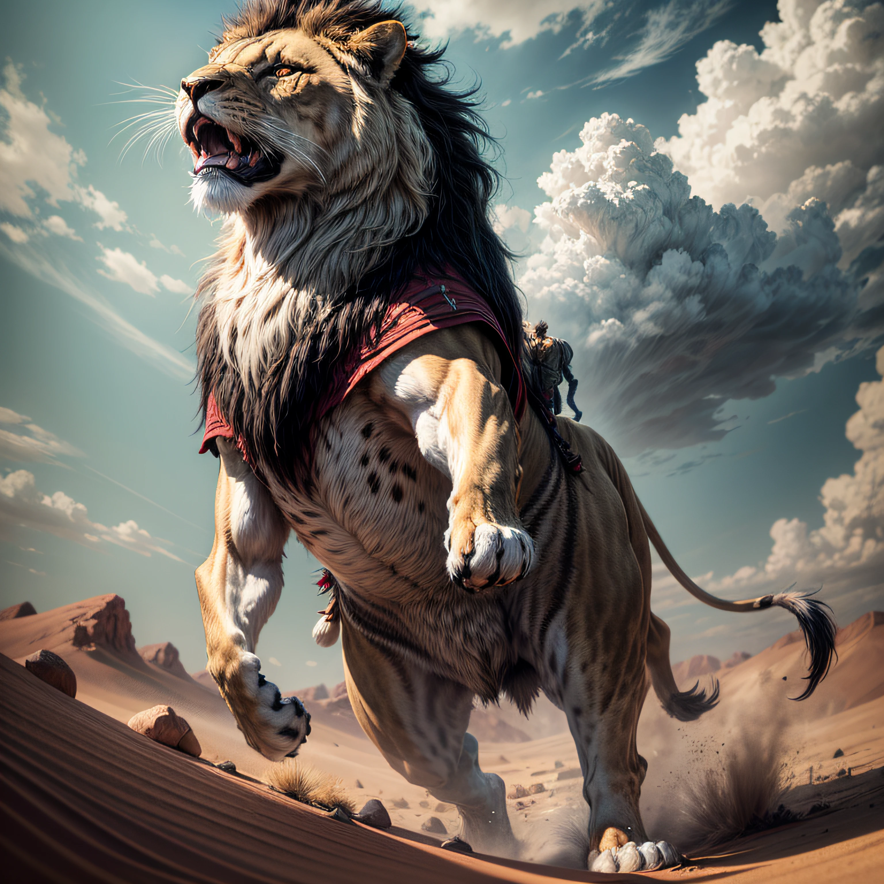 a man fighting a lion, medium distance, old clothes, desert, dynamic scene, high resolution, 8k,