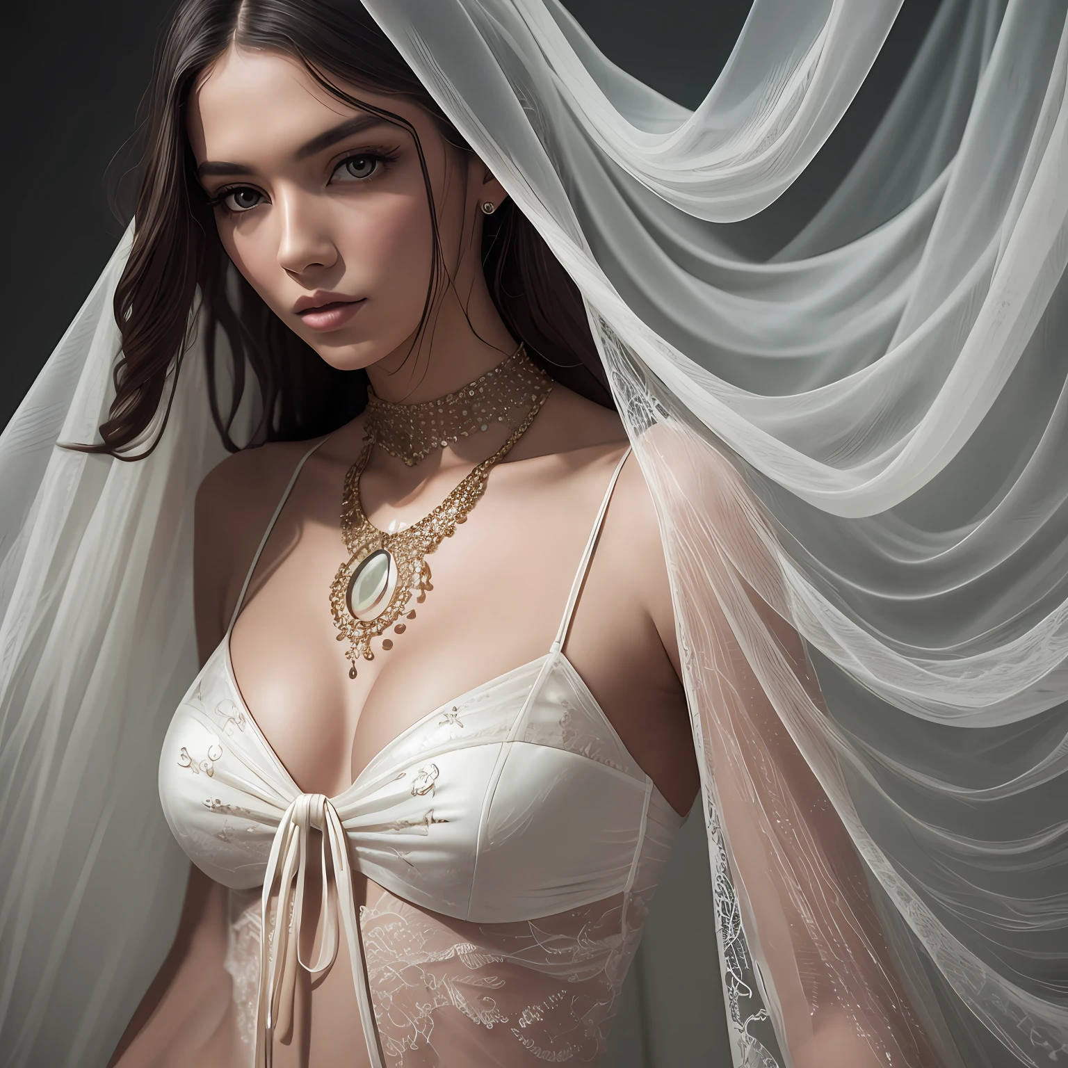 a RAW photography, shot on Hasselblad X1D-50c, ISO 100, surreal fashion photography, portrait of a woman up to her chest, detailed face, avant-garde fashion in translucent flowing fabrics, fabric overhead, telephoto, studio lighting, 4k, canon eos r3
