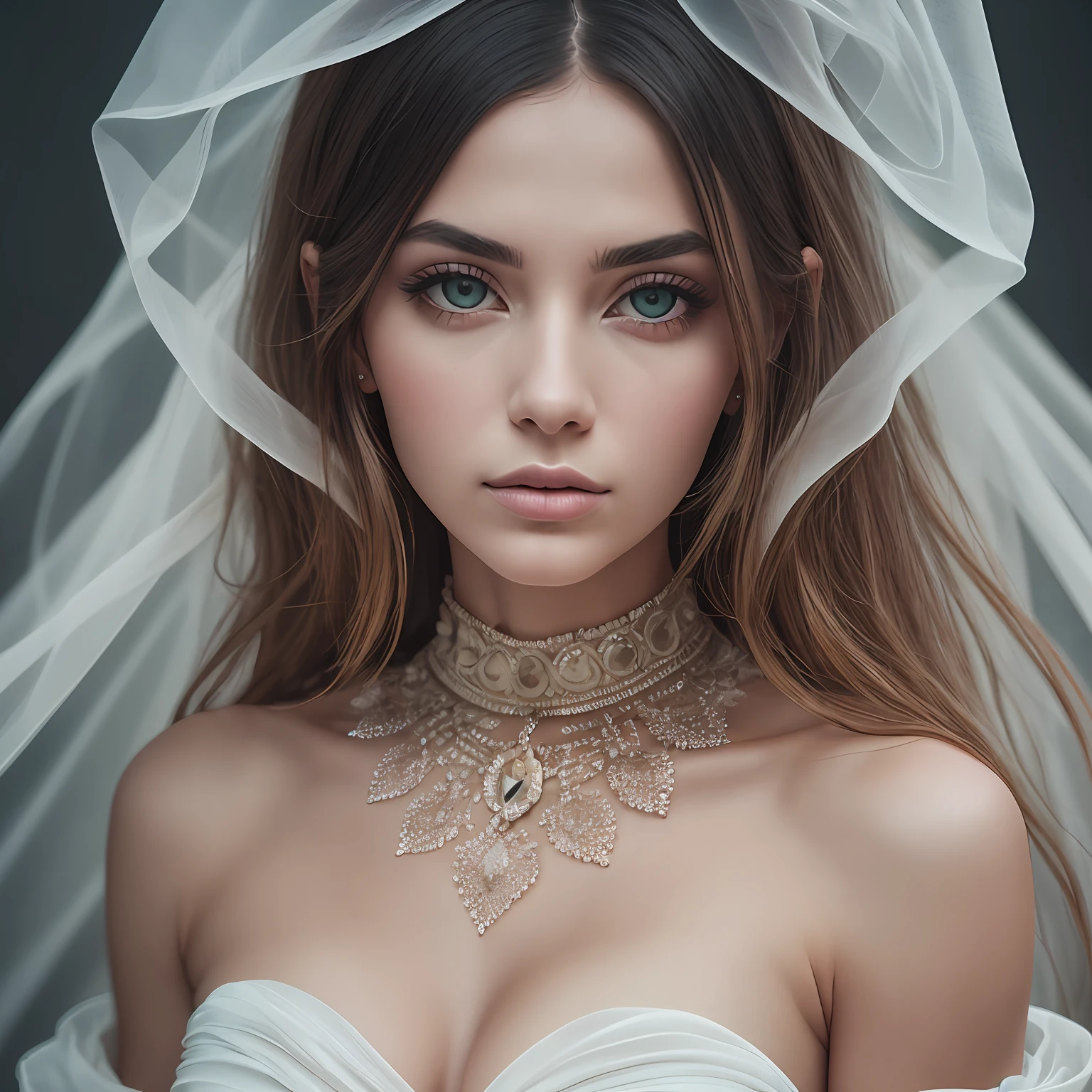 a RAW photography, shot on Hasselblad X1D-50c, ISO 100, surreal fashion photography, portrait of a woman up to her chest, detailed face, avant-garde fashion in translucent flowing fabrics, fabric overhead, telephoto, studio lighting, 4k, canon eos r3