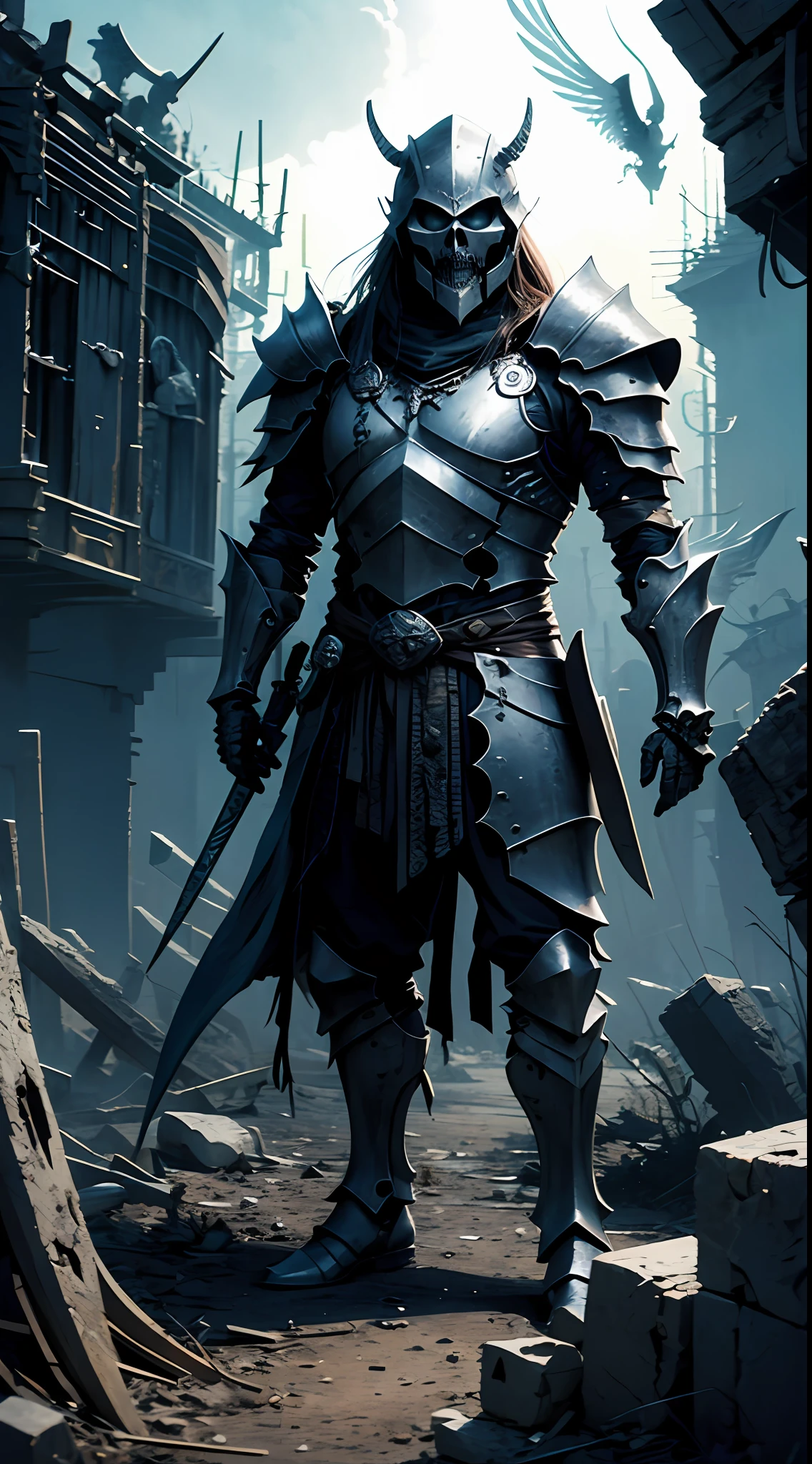 A skeletal warrior in armor in a dark fantasy world. (A warrior with skeleton armor in a dark fantasy world.) --auto