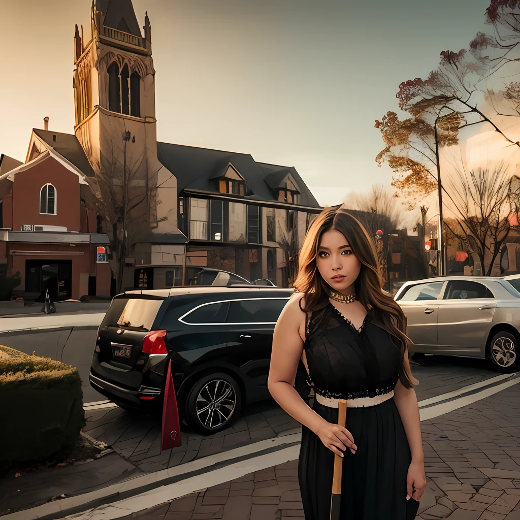 A medium shot of a woman angel rising into the sky standing on the sidewalk with a magic stick, marilyn church, cathedral in the background, church in the background, standing in a city center, dang my linh, on a bright day, in city street, city, dramatic lighting, sharp, details, flames, fire, burning buildings, looking at viewer, detailed skin texture, beautiful detailed face, ultra detailed, intricate details,