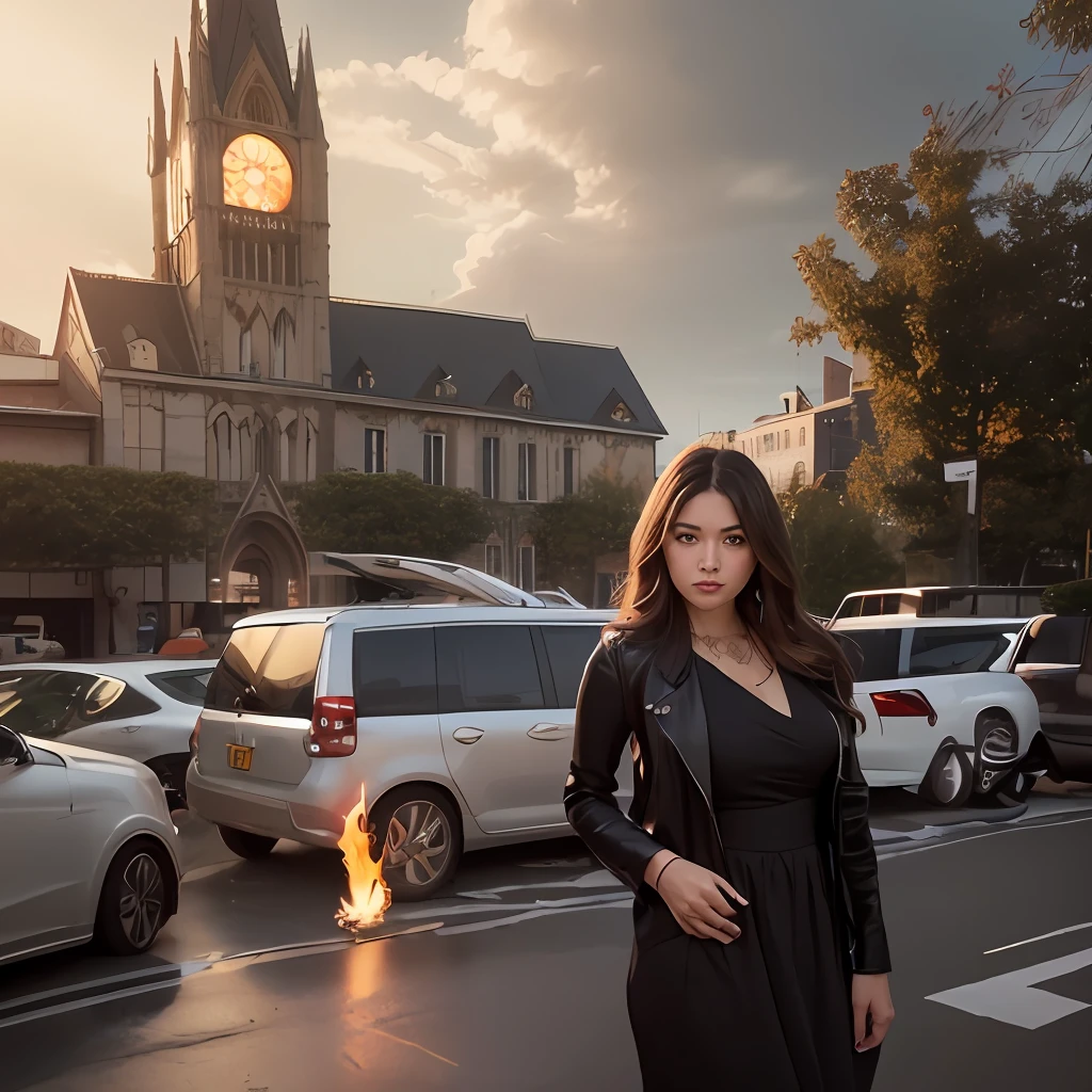 A medium shot of a woman angel rising into the sky standing on the sidewalk with a magic stick, marilyn church, cathedral in the background, church in the background, standing in a city center, dang my linh, on a bright day, in city street, city, dramatic lighting, sharp, details, flames, fire, burning buildings, looking at viewer, detailed skin texture, beautiful detailed face, ultra detailed, intricate details,