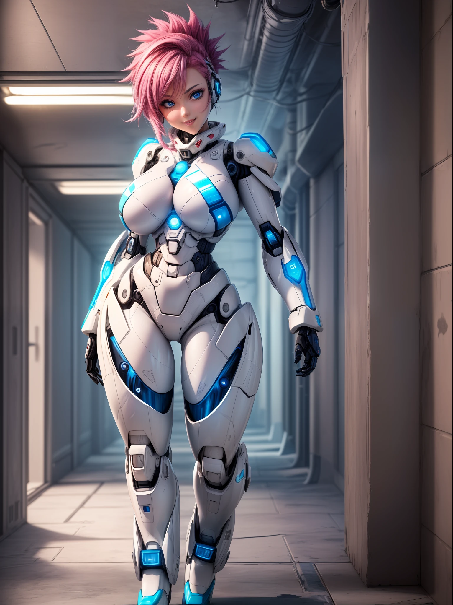 ((Full body):2) {((1 woman only):1.2)}: ((Wearing white mecha suit with blue parts, extremely tight on the body):1.5), has ((extremely large breasts):1.2), only she has ((pink mohawk hair, blue eyes):1.2), is ((leaning against the wall, doing erotic pose for the viewer, smiling)). \n Background:((in a futuristic dungeon full of giant robots):1.5). anime, anime style, 16k, high resolution, ((best quality, high detail: 1.3)), UHD, ((masterpiece))