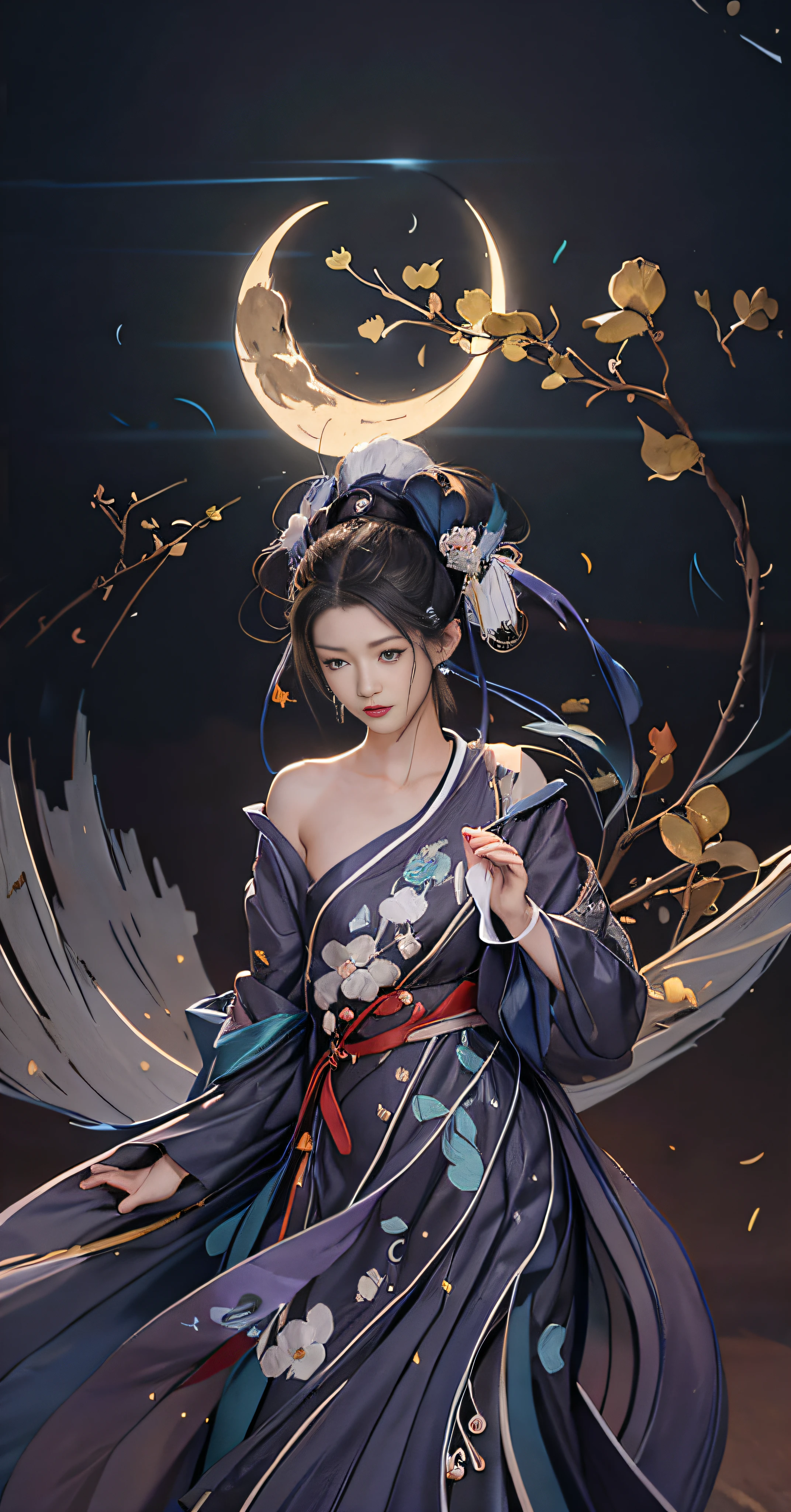 Anime girl with purple dress and moon background, Onmyoji detailed art, digital art in anime style, digital anime illustration, Onmyoji portrait, beautiful digital artwork, anime art wallpaper 8 K, beautiful artwork illustration, beautiful digital illustration, anime style 4 K, anime art wallpaper 4K, anime art wallpaper 4K, anime digital art, original photo, best quality, masterpiece, super high resolution, (realistic: 1.4), anime poster, dynamic movement, dynamic pose, movement, whole body: 1 Oil painting environment art film amazing vectors, diorama, intricate details, solo, dress, floating_hair, OC rendering