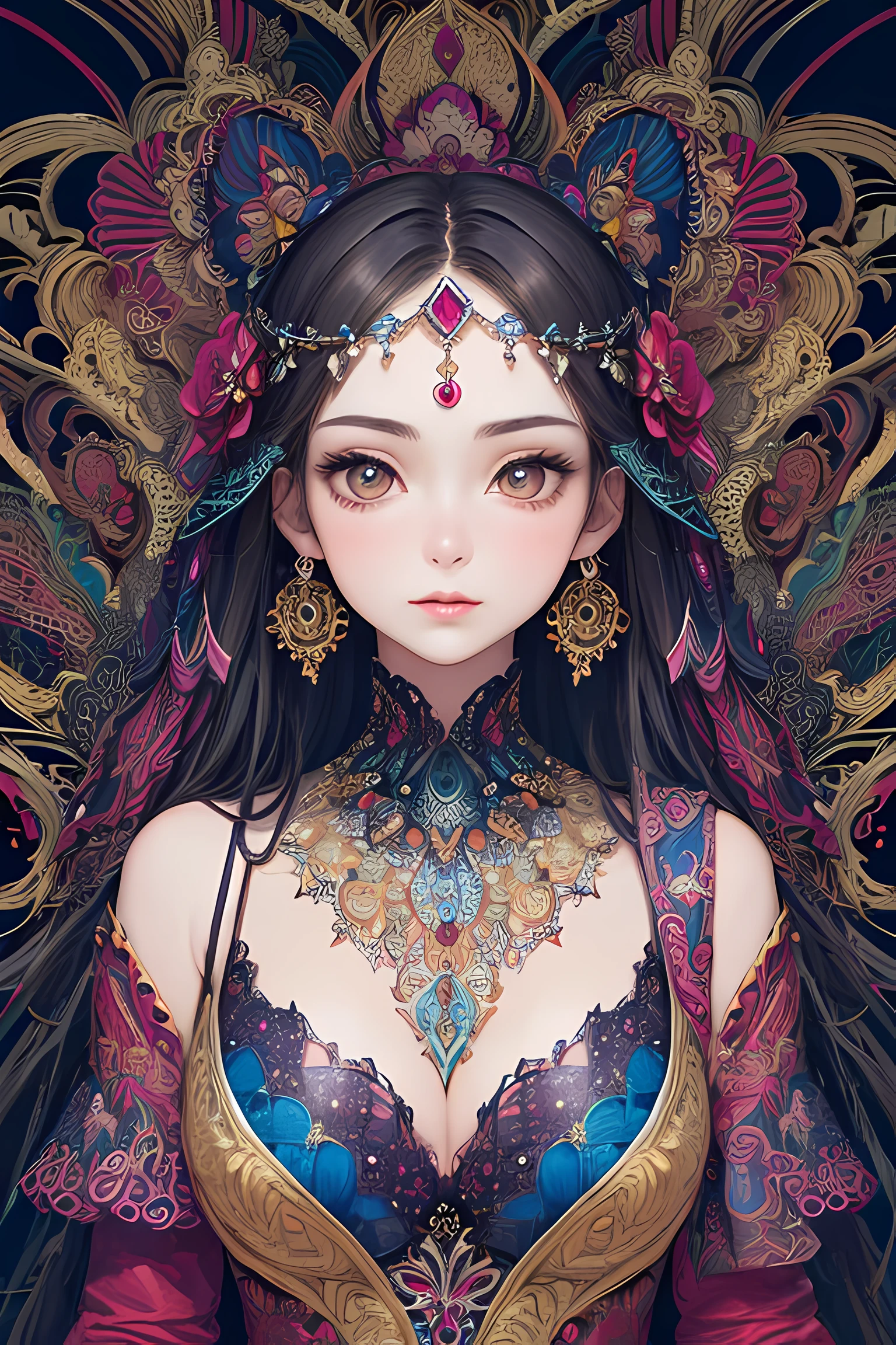 (masterpiece, top quality, best quality, official art, beautiful and aesthetic:1.2), (1girl:1.3), extremely detailed,(fractal art:1.2),colorful,highest detailed,(zentangle:1.2), (dynamic pose), (abstract background:1.5), (treditional dress:1.2), (shiny skin), (many colors:1.4), upper body