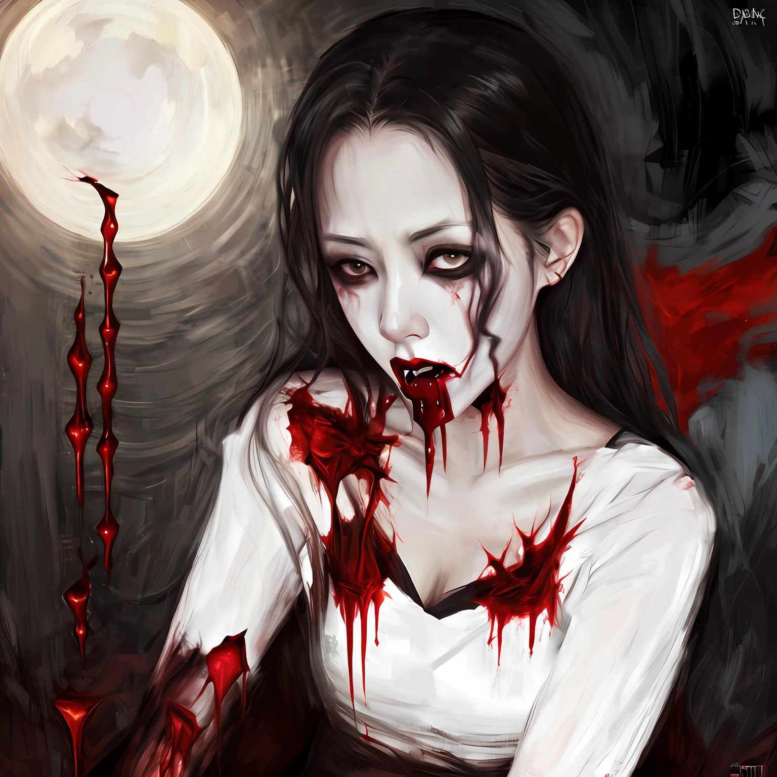 vampire, dark-haired woman, bleeding, night, white clothes, disheveled hair, sharp fangs, red eyes --auto