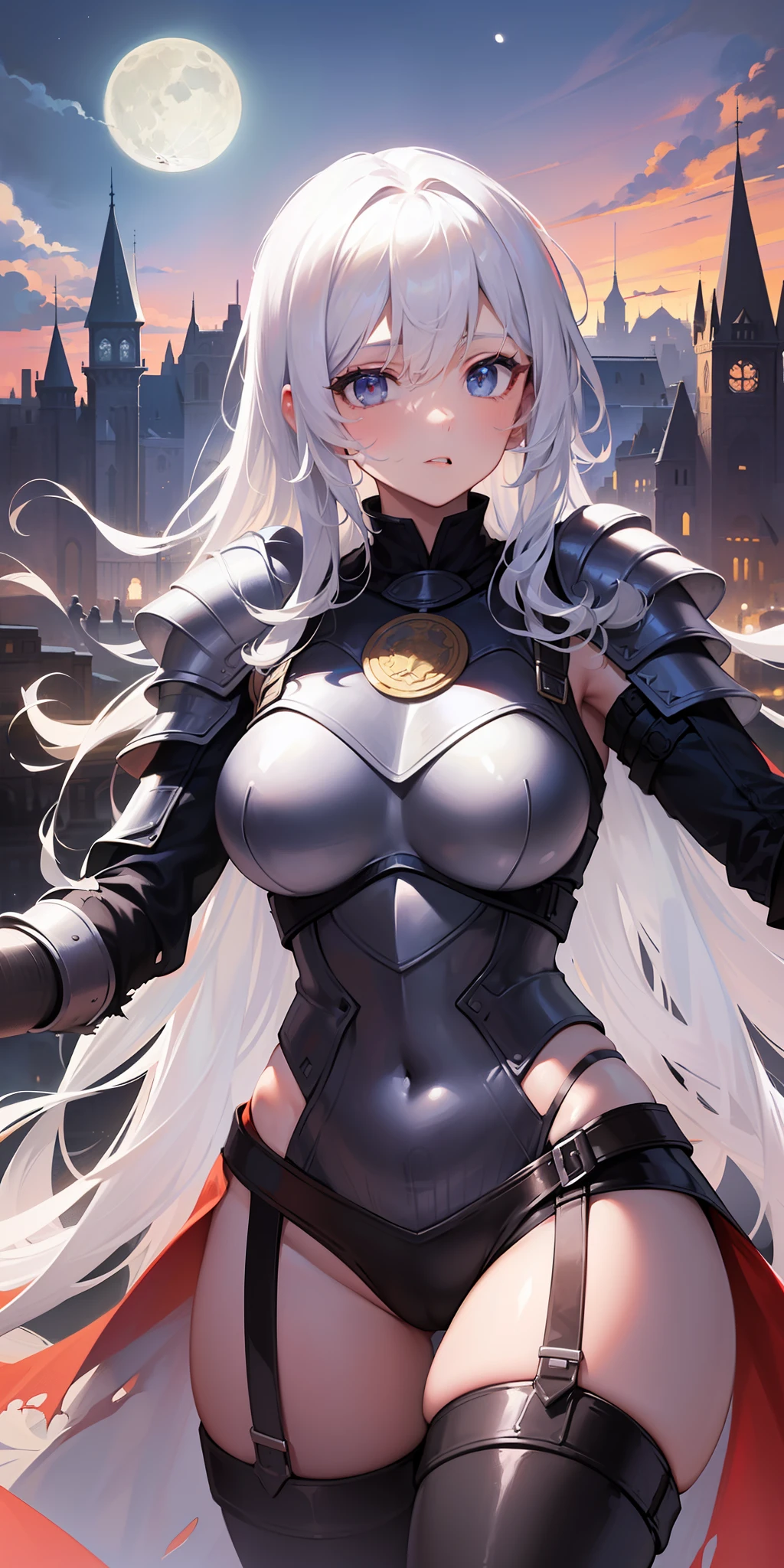 ((masterpiece)), ((best quality)), girl, ((beautiful body)), fair skin, very long straight hair, ((white hair)), ((hair highlights effect)), armor of full sexy plate, ((armor details)), ((torn back cape)), eyebrow, ((perfect)), slim waist, ((thick legs)), ((big thigh)), ((scenery of background)), ((medieval world)), ((battlefield)), (war), ((at night)), (moon), pov, flushed, lustful,