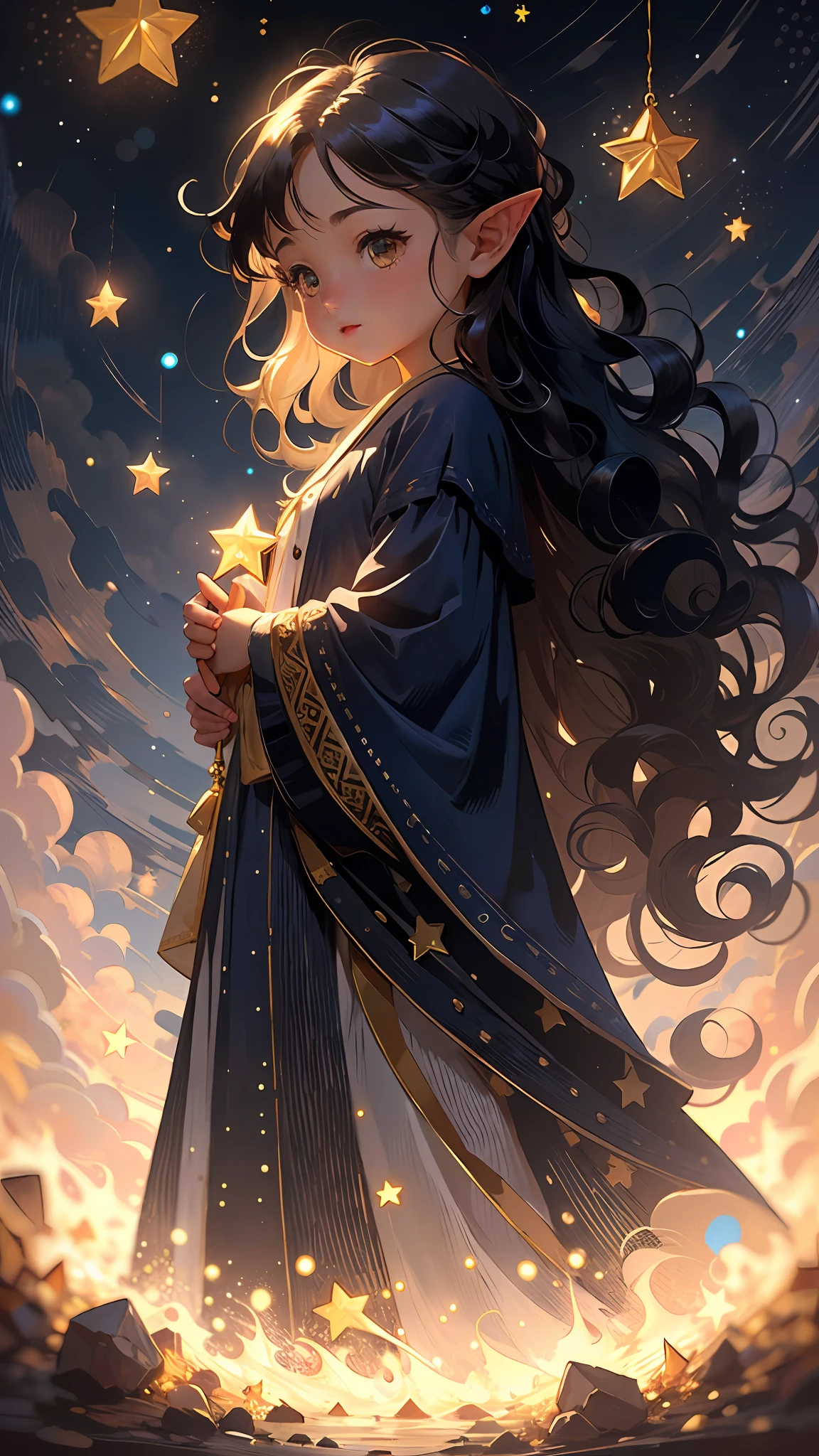 1girl, elf, pointy ears, long hair, dark blue hair, glowing golden eyes, star mage, dark blue and gold mage robe, starlight, star,