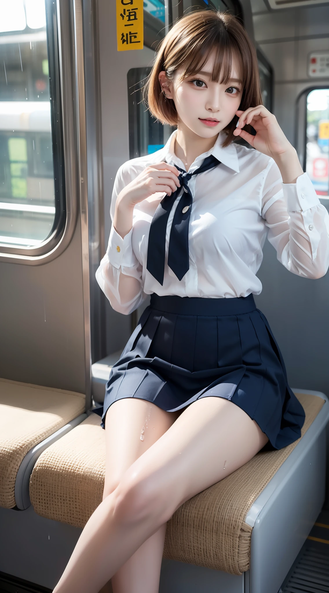 japanese girls、18yo girl、ple short hair、Blond Hair、bangs、BROWN EYES、Perfect figure、Sense of transparency、luster、gloss、modest chest、School Uniforms、Navy blue ribbon、Light blue shirt、Navy blue skirt、Guangyue、Burning body、hposing Gravure Idol、On the train、Beautiful feet、Strong sunlight、Nasty、Rain-drenched body、wet、actress、hposing Gravure Idol、Nogizaka Idol、korean idol