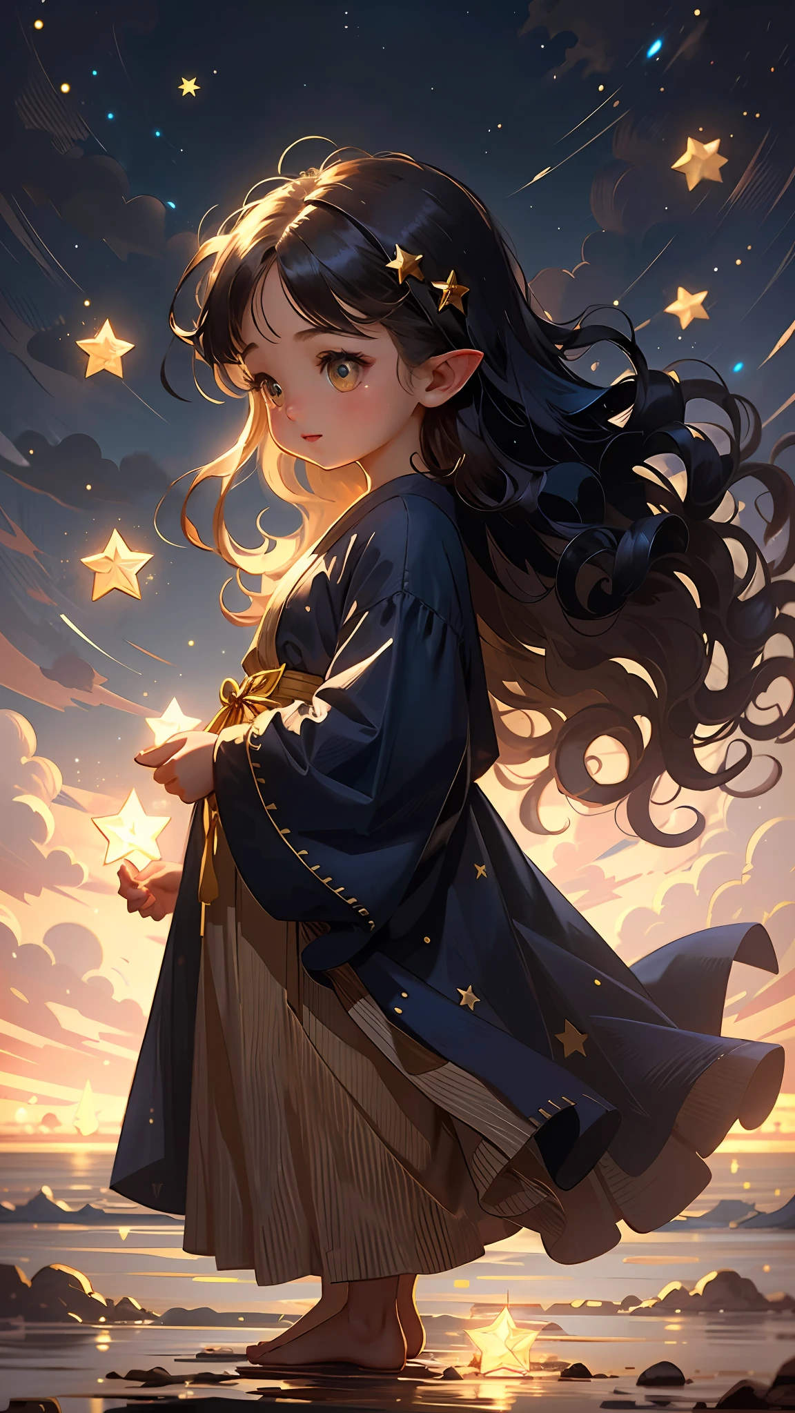 1girl, elf, pointy ears, long hair, dark blue hair, glowing golden eyes, star mage, dark blue and gold mage robe, starlight, star,