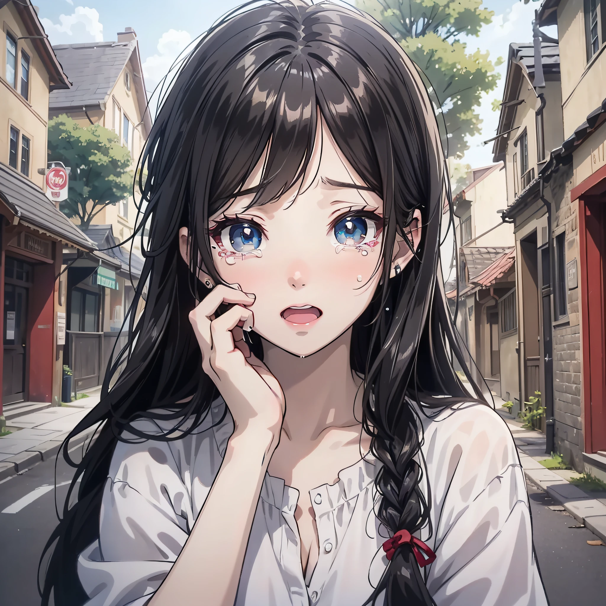 A woman in a white shirt with long black twisted hair standing on the side of the road at the entrance of the village and touching her face and crying (crying expression 1.5) (crying with open mouth 1.5) (tears 1.3) (background is the village entrance roadside 1.3) (upper body display 1.5) (girls 1.8) (cinematic lighting 1.5) (master masterpiece: 1.4), hyper-detail, anime style 4 K, anime rendering, anime style. 8k, (Big eyes full of tears 1.5) (Crystal beautiful eyes 1.5)